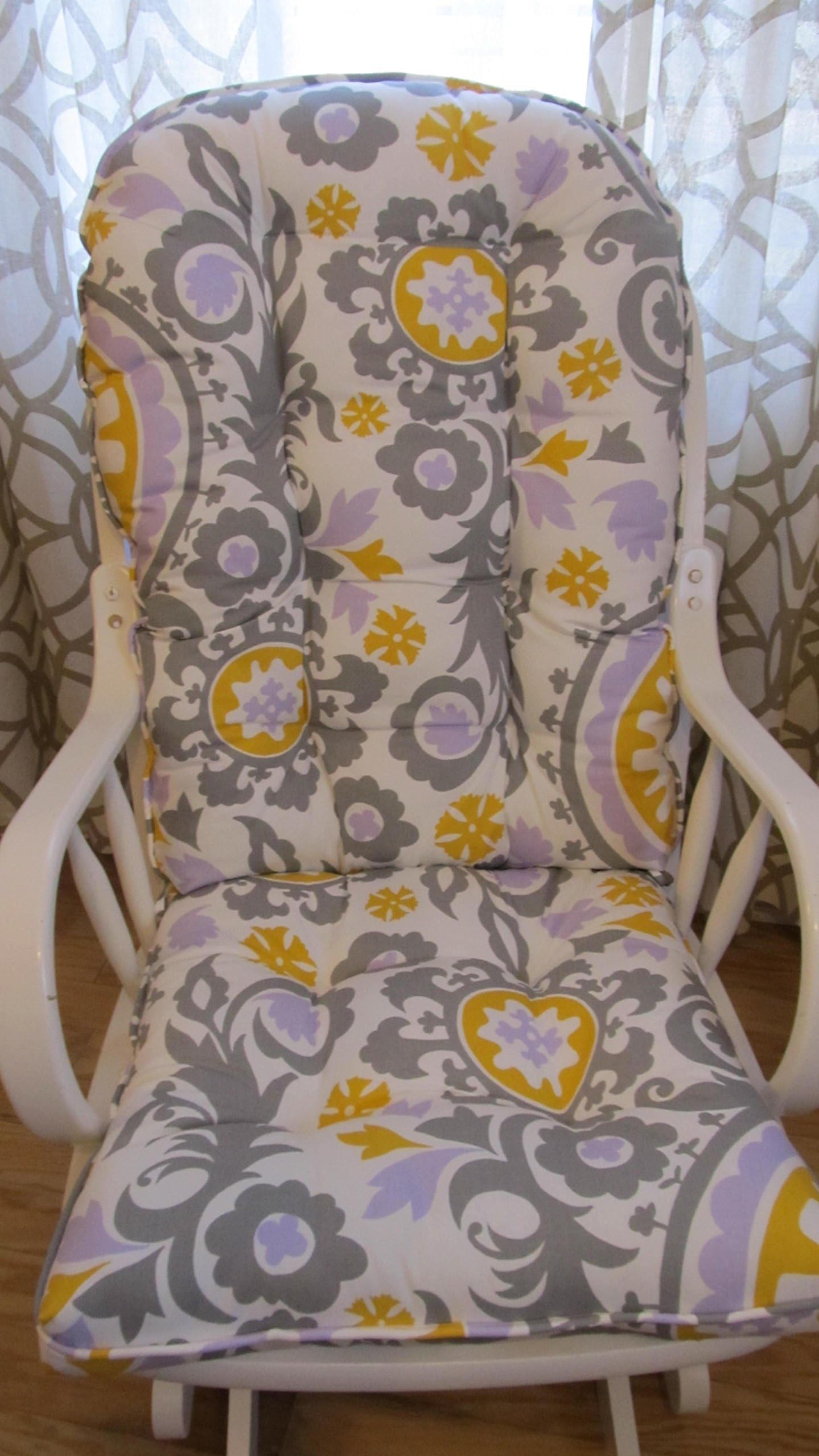 READY TO SHIP Cushion Set for Nursery Glider or Rocking Chair in Suzani Geometric Yellow Grey and Lavender, Wisteria, Lilac, Purple on White Background