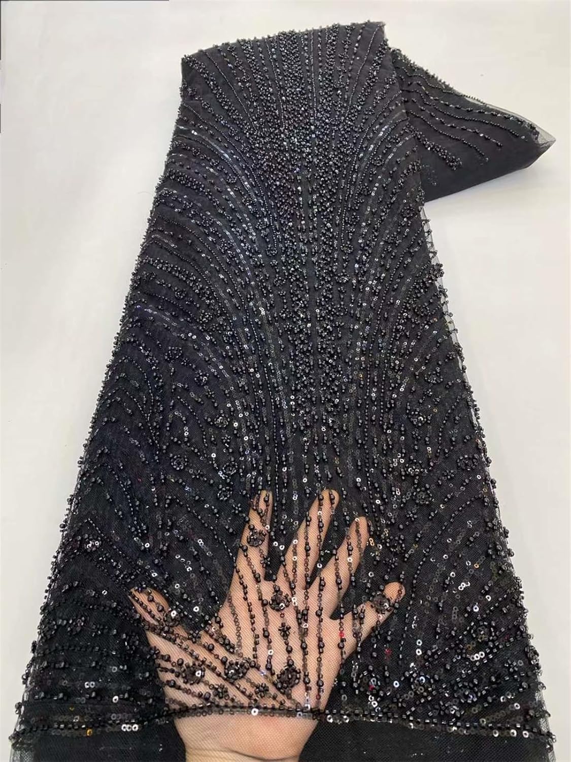 Exquisite Handmade Beads Sequins Tulle Lace Fabric for Wedding Dress Sewing (5 Yards,Black)