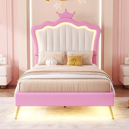 Miniatura 36 de Elegante cama de princesa tapizada de tamaño matrimonial con cabecera corona, plataforma de piel sintética con soporte resistente de listones para