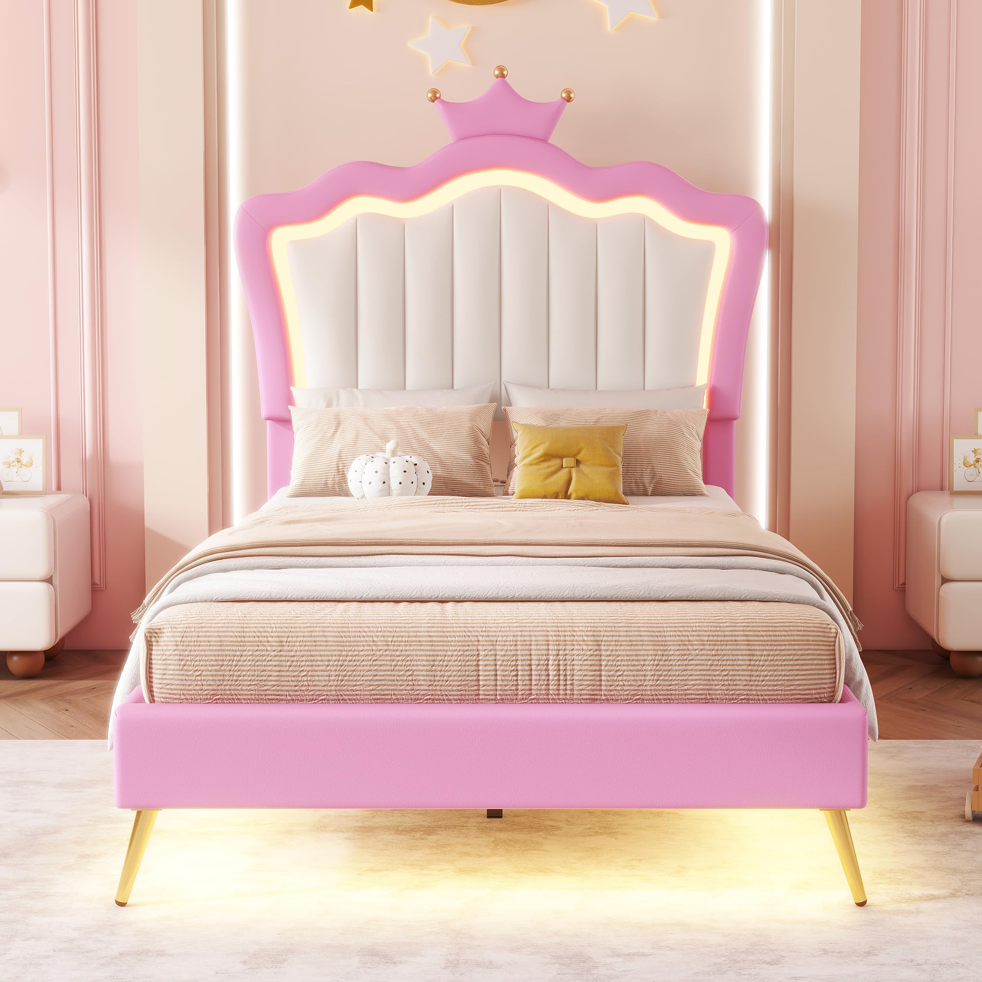 Ball & Cast Twin Size Upholstered Platform Bed with LED Lights,Princess Bed with Crown Headboard,No-Noise Design,for Bedroom Apartmrnt Guest Room,Pink+White