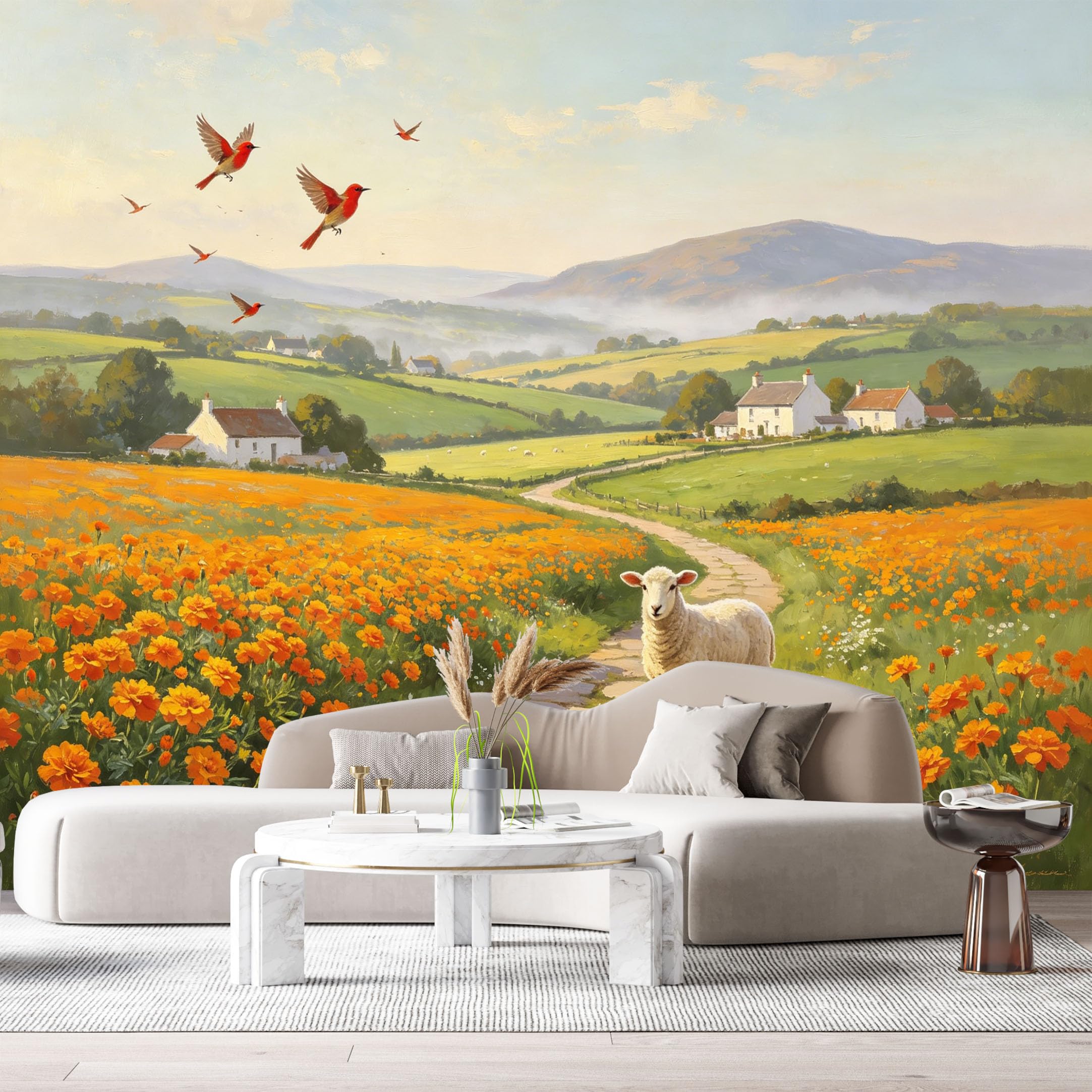 Custom Size Wall Murals Farmhouse American Country Oil Painting Sheep Flower Field Rolling Hills SelfAdhesive Wall Fabric Removable Large Wallpaper for Photo Living Room