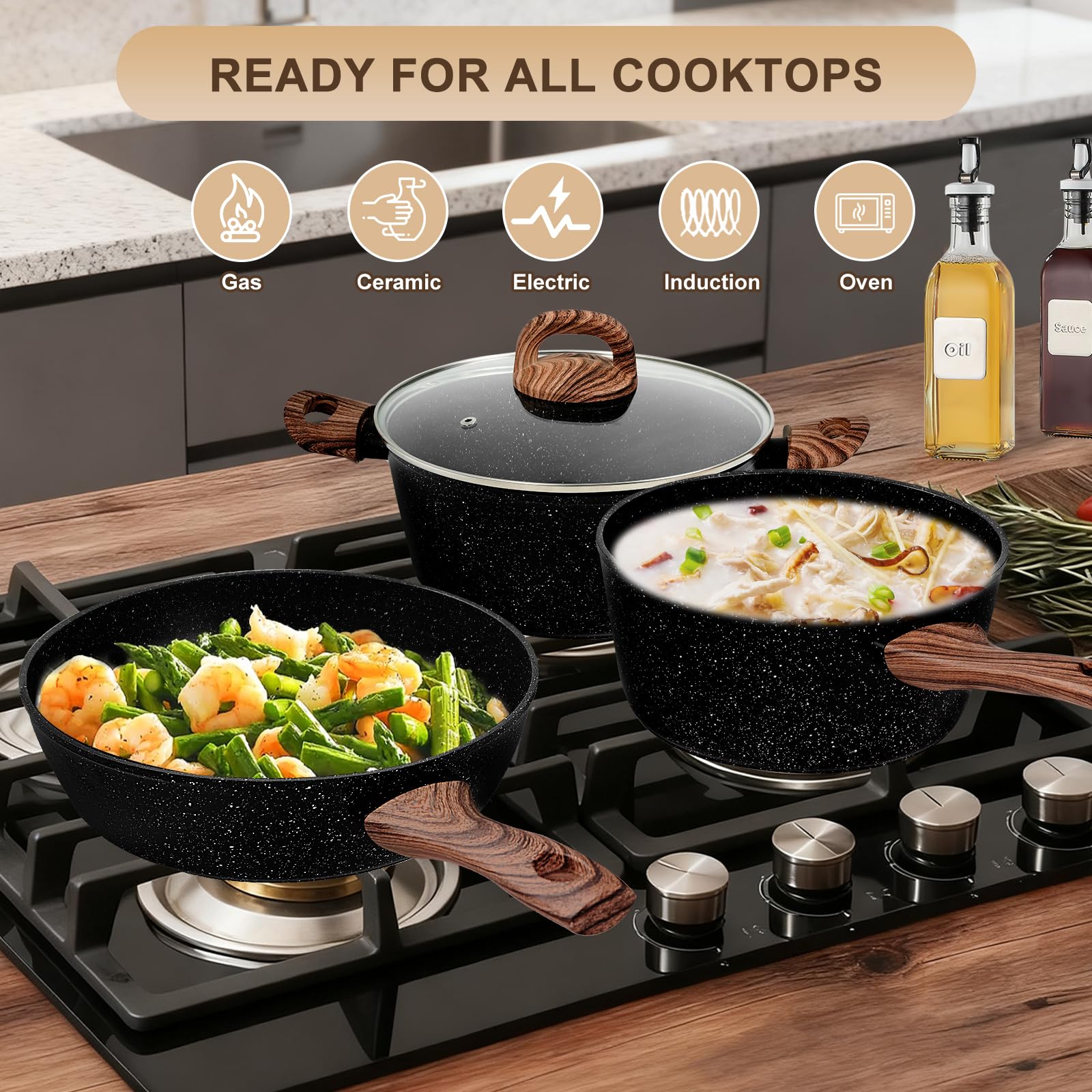 EWFEN Nonstick Pots and Pans Set, 25-Piece Ceramic Cookware Set, Induction Kitchen Cooking Set with Frying Pans Saucepans & Utensils, Healthy Non-toxic, PFAS/PTFE/PFOA Free, Black