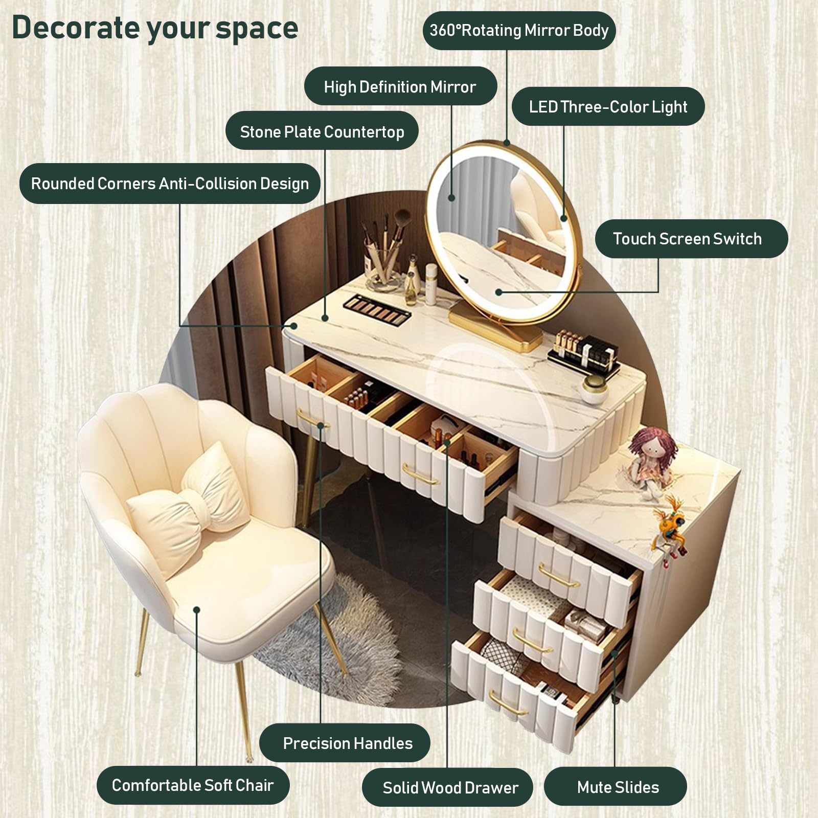Coiffeuse avec Miroir Lumineux 3 Niveaux, 5 Tiroirs Ondulés, Design Moderne, Blanc, 100x40x127cm - Maison Coiffeuse avec Miroir Lumineux 3 Niveaux, 5 Tiroirs Ondulés, Design Moderne, Blanc, 100x40x127cm - Maison