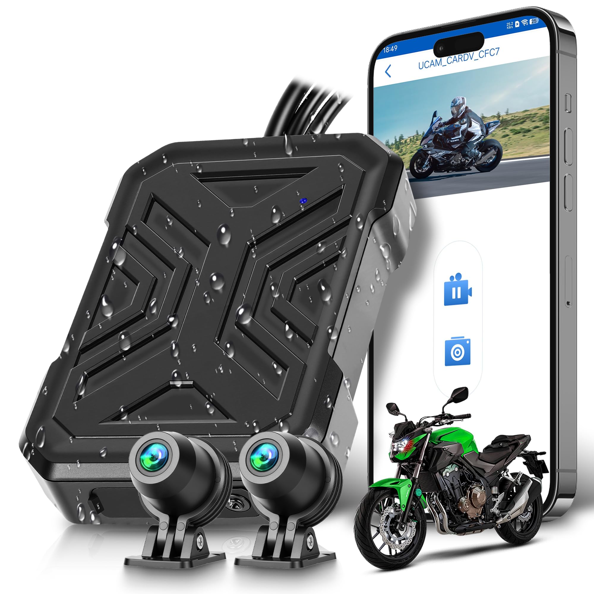 Rimoody Dashcam Moto 1080P Miniaturizzata - Telecamera Anteriore/Posteriore con Rilevamento Collisioni, Registrazione a Ciclo, Modalità Parcheggio, WiFi, per Motocicletta