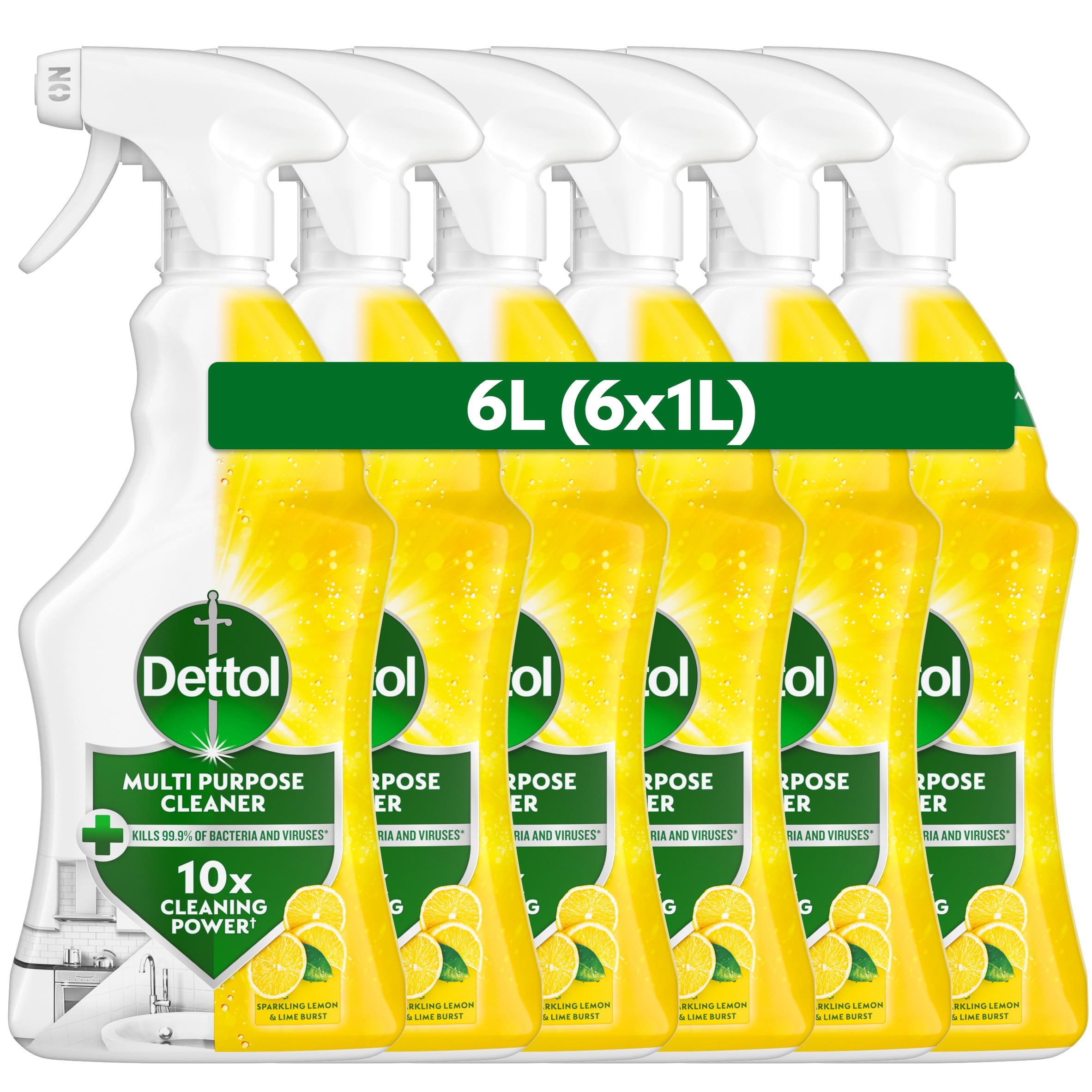 Dettol Spray, Antibacterial Multipurpose Cleaner, Lemon & Lime, 6.0L Total (1L x 6pck), Kitchen, Household Disinfectant Cleaning Solution, Kills 99.9 Percent of Germs