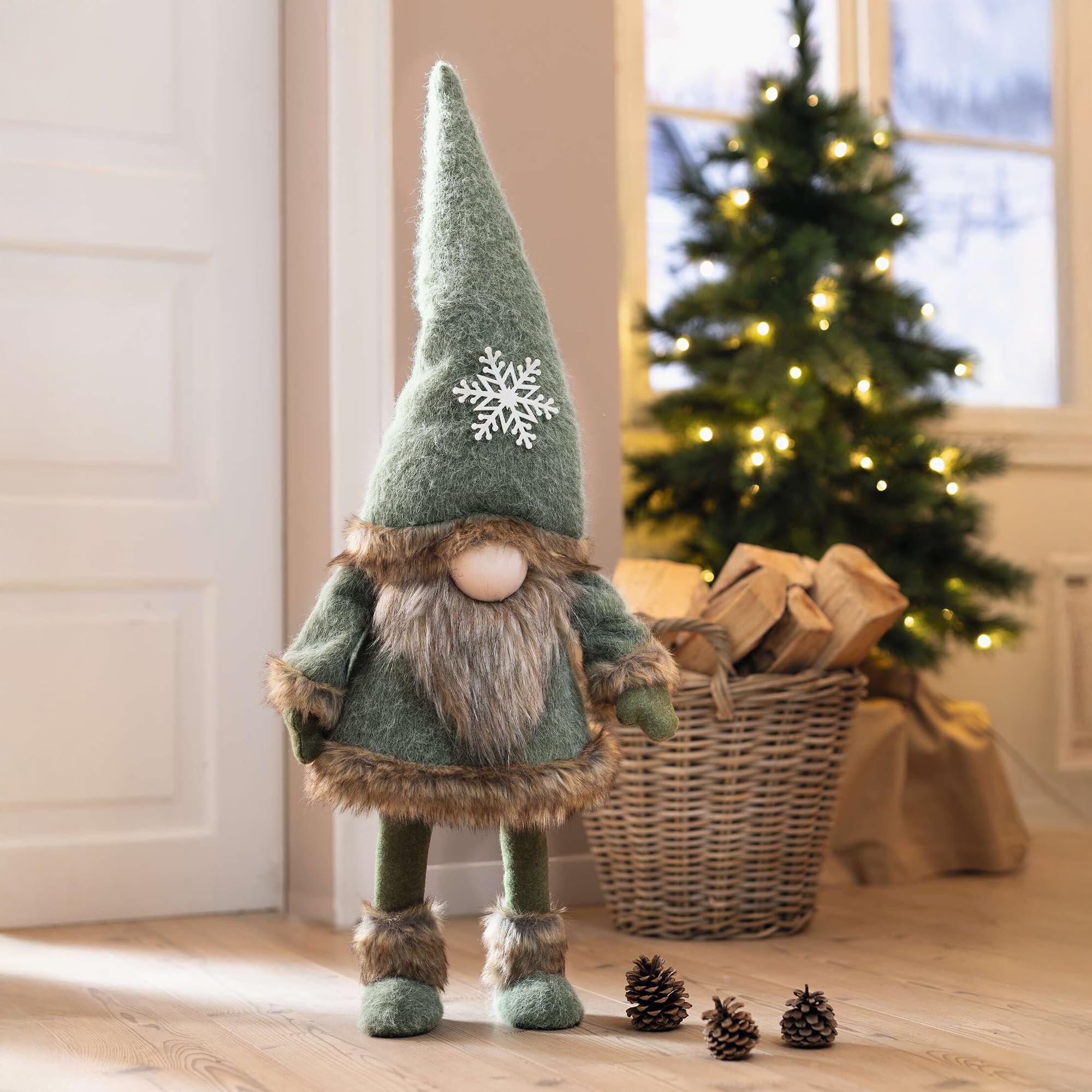 FRANK FLECHTWAREN Großer Wichtel Schneeflocke, tolle große Deko mit Wackelkörper, Filz und Kunstfell, Hohe 90 cm, richtigern Blickfang