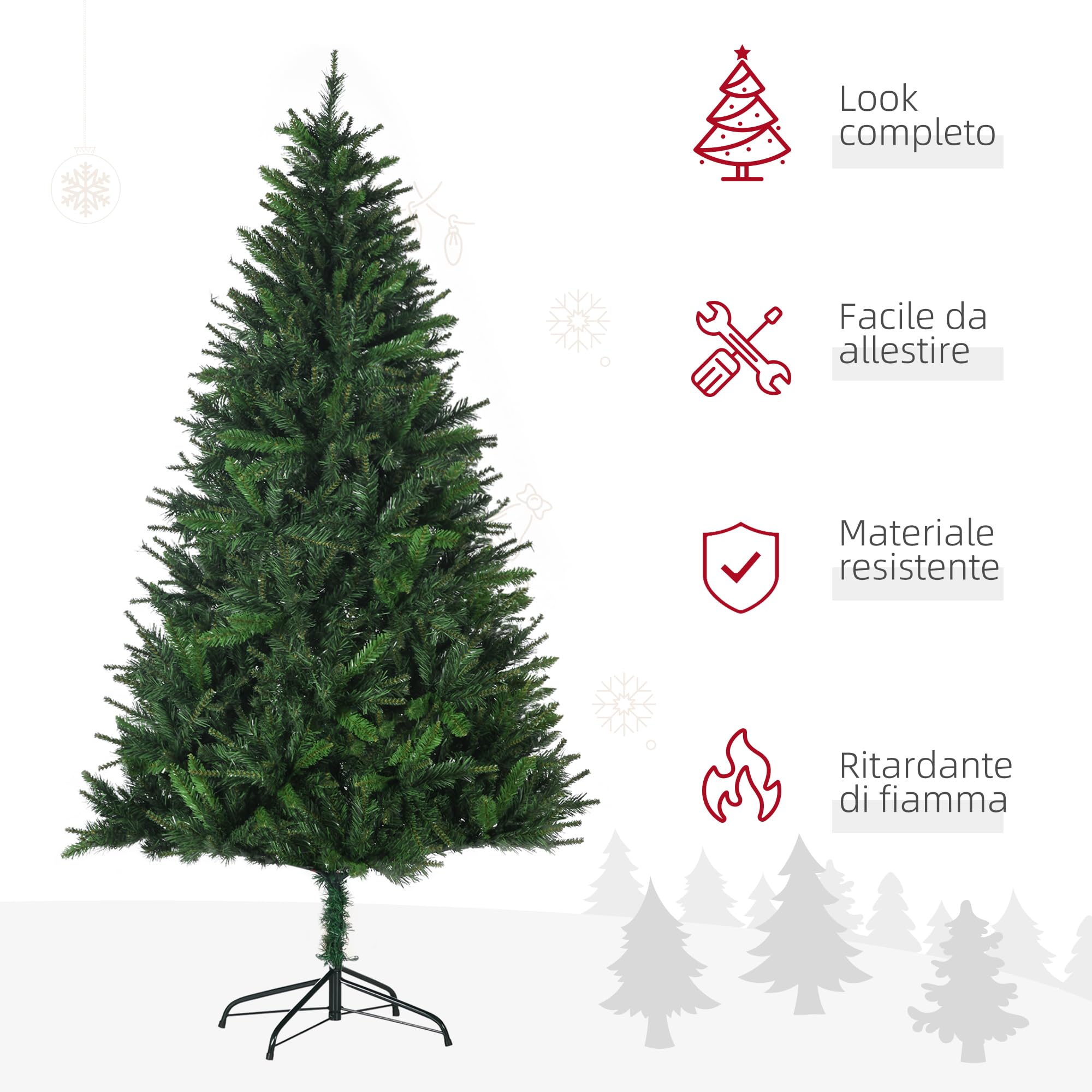 HOMCOM Albero di Natale Artificiale 180cm con 786 Rami Apertura Automatica, Albero di Natale Folto con Base in Metallo Facile da Montare, Verde