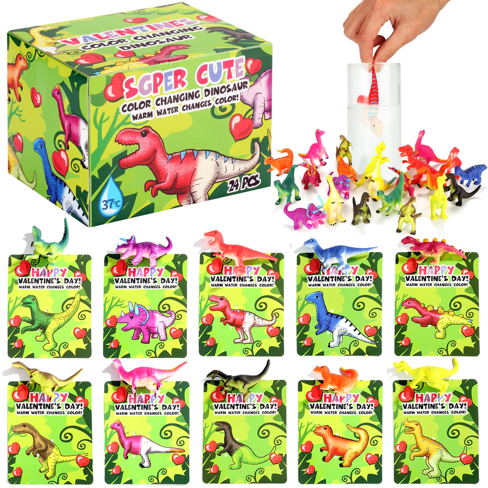 24 Pack Valentines Day Cards with Color Changing Dinosaurs,Valentine's Greeting Cards for Kids with Color Changing Dinosaur,Valentine's School Classroom Exchange Gifts, Valentine's Party Favor Supplies for Kids