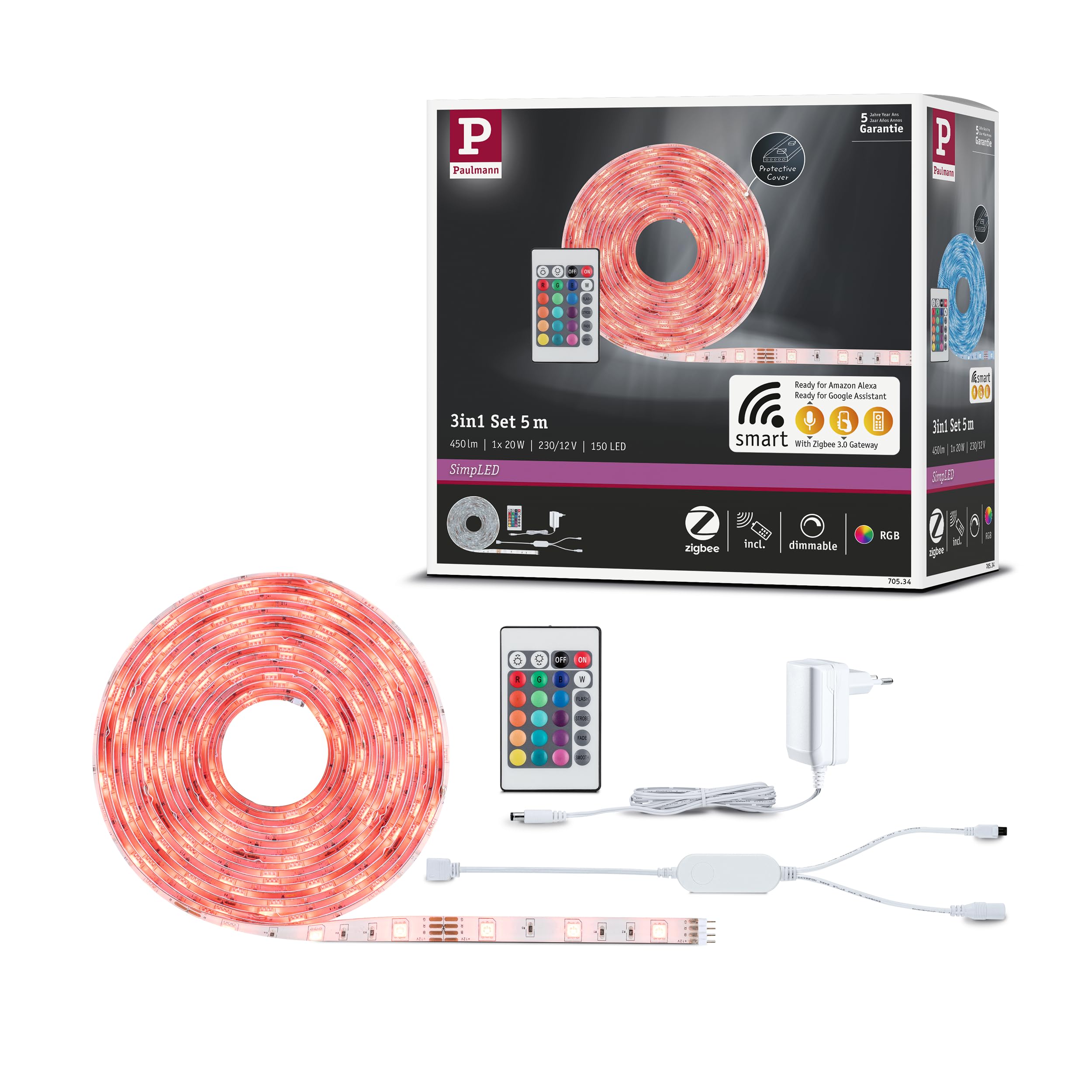 Paulmann 70534 SimpLED Strip LED Smart Home Zigbee RGB set completo 5m 20W 450lm 30LEDs/m RGB 24VA profilo per strisce luminose
