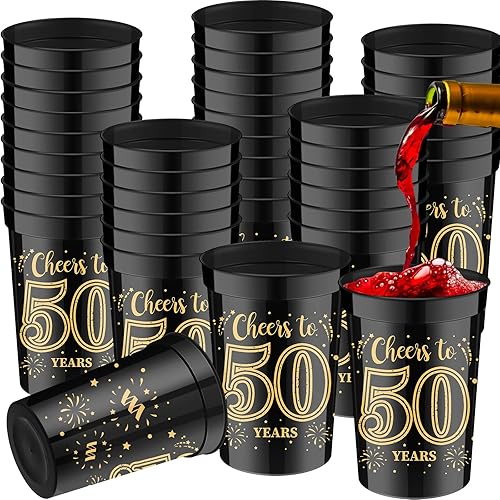 Miniatura 7 de 40 tazas de 16 onzas, 40, 50, 60, 70, cumpleaños, saludos a 40, 50, 60, 70 años, vasos de plástico dorados y negros para decoraciones de cumpleaños,