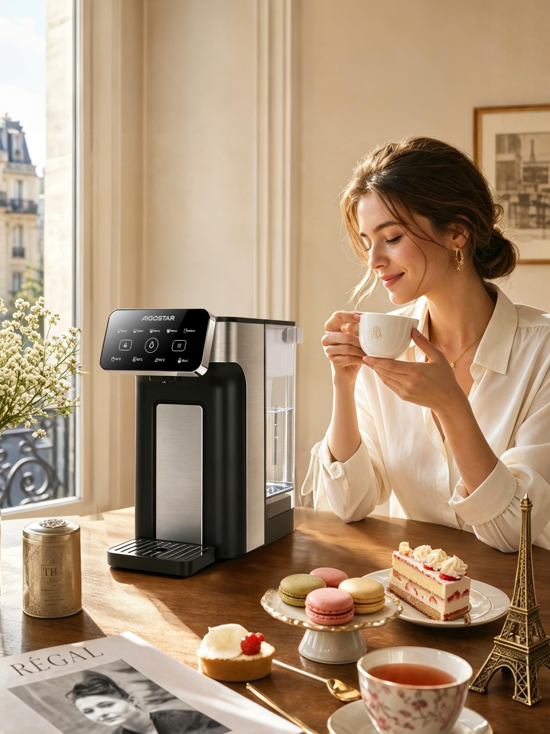 Aigostar - Distributeur d'Eau Chaude Instantané 3L Inox, Eau Chaude en 3 Secondes, 4 Températures Réglables 45-100°C, 5 Volumes 100-1000ml, Écran Tactile, Plateau Réglable en Hauteur, Sécurité Enfant