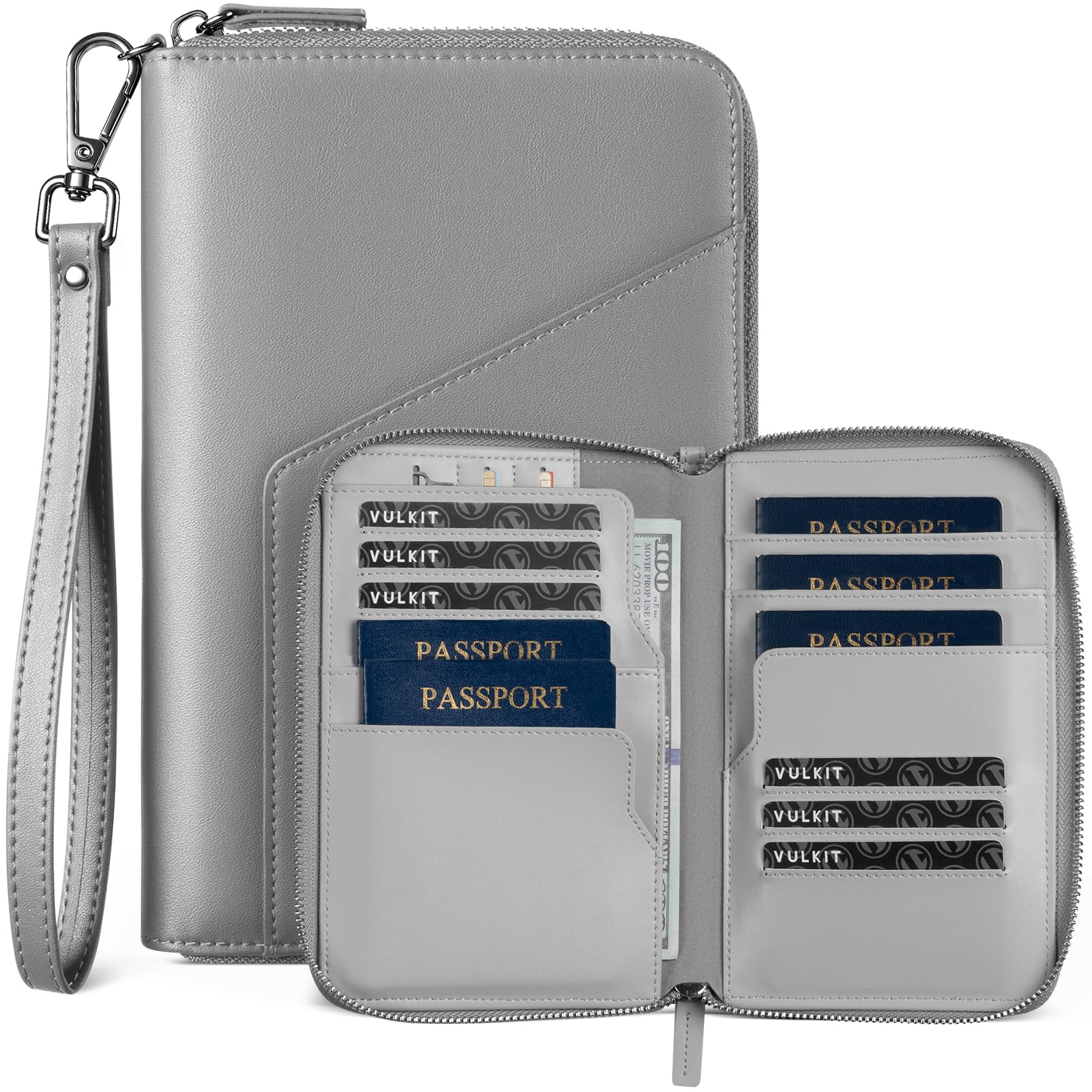 VULKIT Skórzany uchwyt na paszport rodzinny organizer na dokumenty podróżne z blokadą RFID, portfel podróżny, wąskie, podwójne gniazda, karty SIM i uchwyty na karty, szary, Minimalistyczny