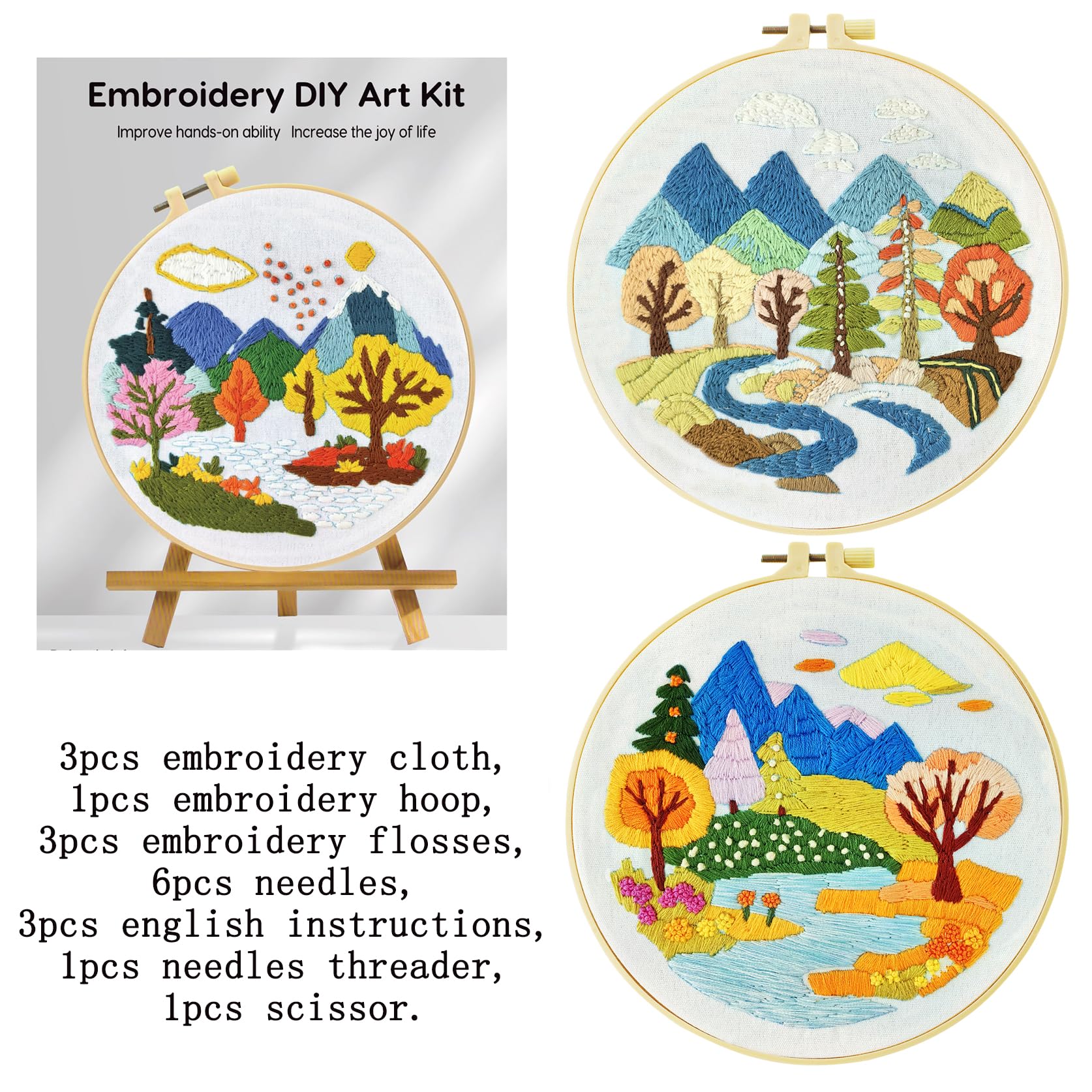 51buyoutgo 3pcs Embroidery Kit, Easy River Landscape Hand Embroidery Starter Patterns Kits Set for Adults Beginners Kid DIY Advanced Modern Stamped Cross Stitch Cloth - Image 3