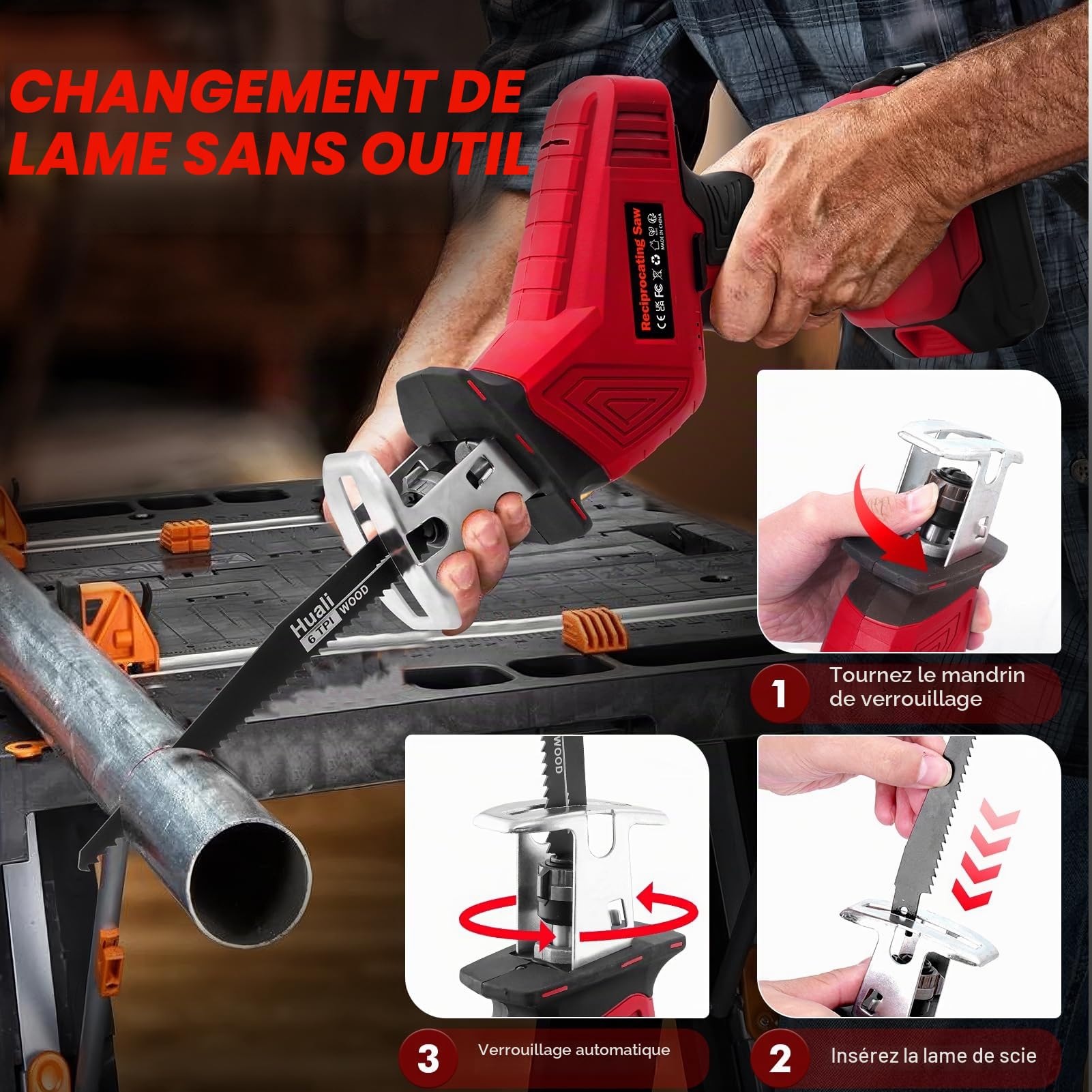 Sararoom Scie Sabre Sans Fil, 21V Scie Alternative à Batterie avec 2×2.0Ah Batteries | 0-4000SPM Vitesses Réglables, 8 Lames de scie, Scies égoïnes électriques pour Coupe de Bois, Branche, Métaux, PVC
