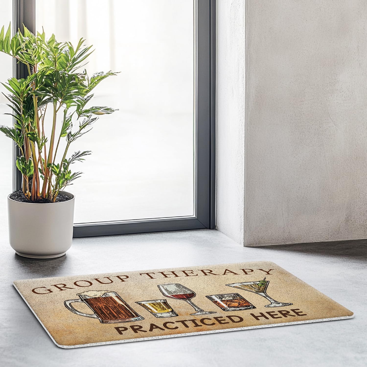 JINYO Funny Bar Door Mat, Beer and Cocktails Welcome Mats for Home Bar Kitchen Lounge Club Patio Pub Man Cave, Group Therapy Practiced Here Funny Doormats Outdoor Indoor Entrance Entryway, 17x30 Inch