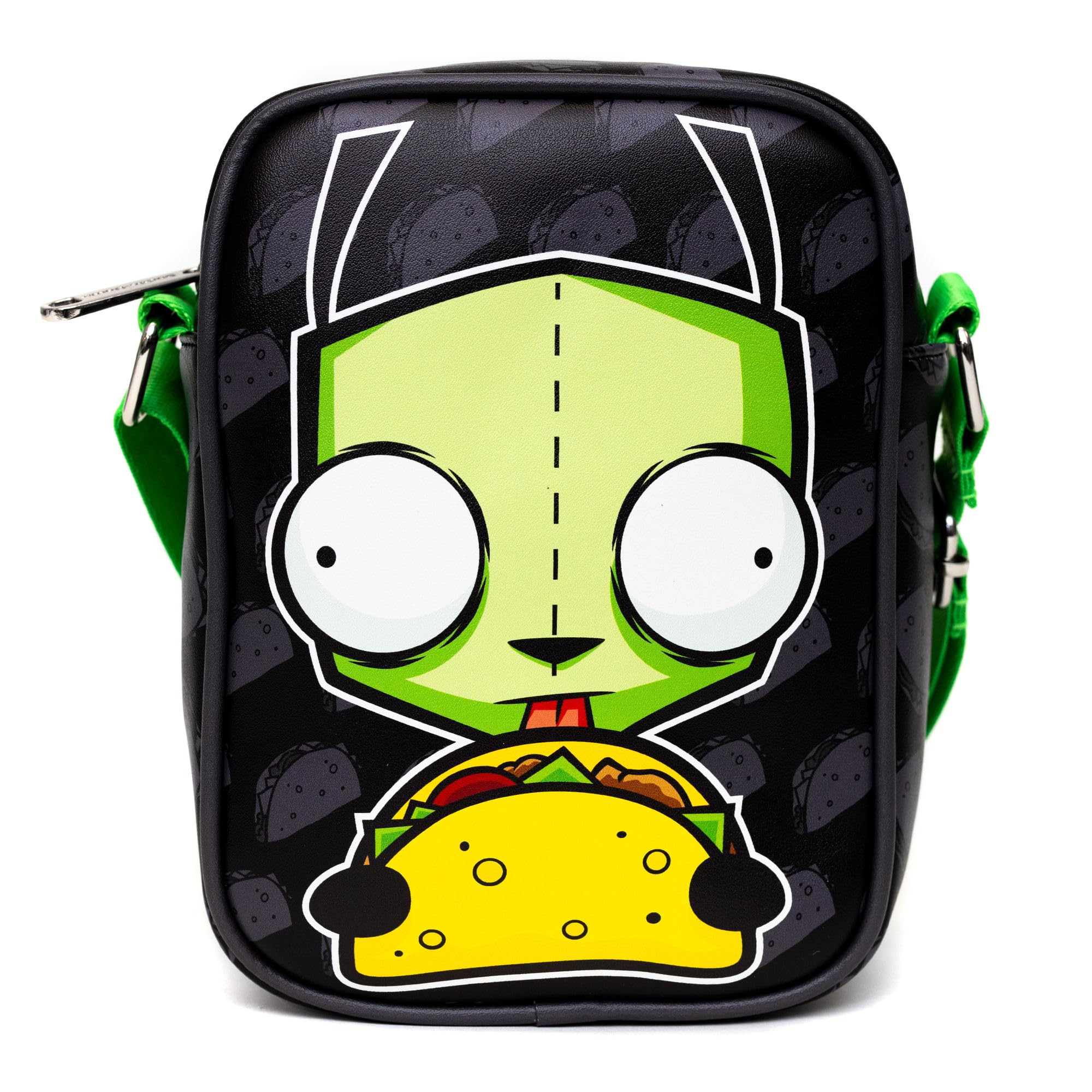 Nickelodeon Bag, Crossbody, Invader Zim GIR Taco Pose With Taco Print Black Gray, Vegan Leather