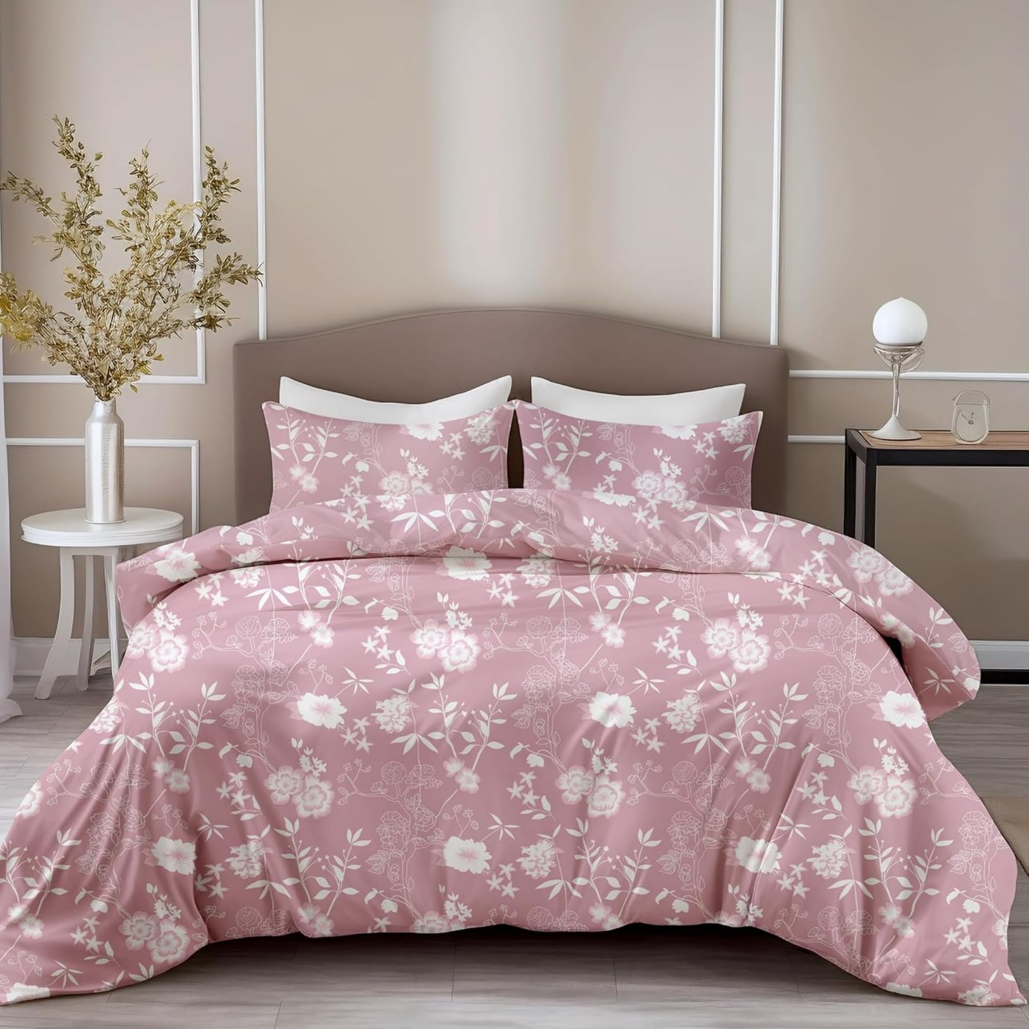 LORETO - A QUALITY LINEN BRAND 100% Pure Cotton Bedsheet for Double Bed, 144TC Soft & Breathable Double Bed Bedsheet with 2 Pillow Covers (Blush Pink Vine Blooms, 88 x 90 Inches)