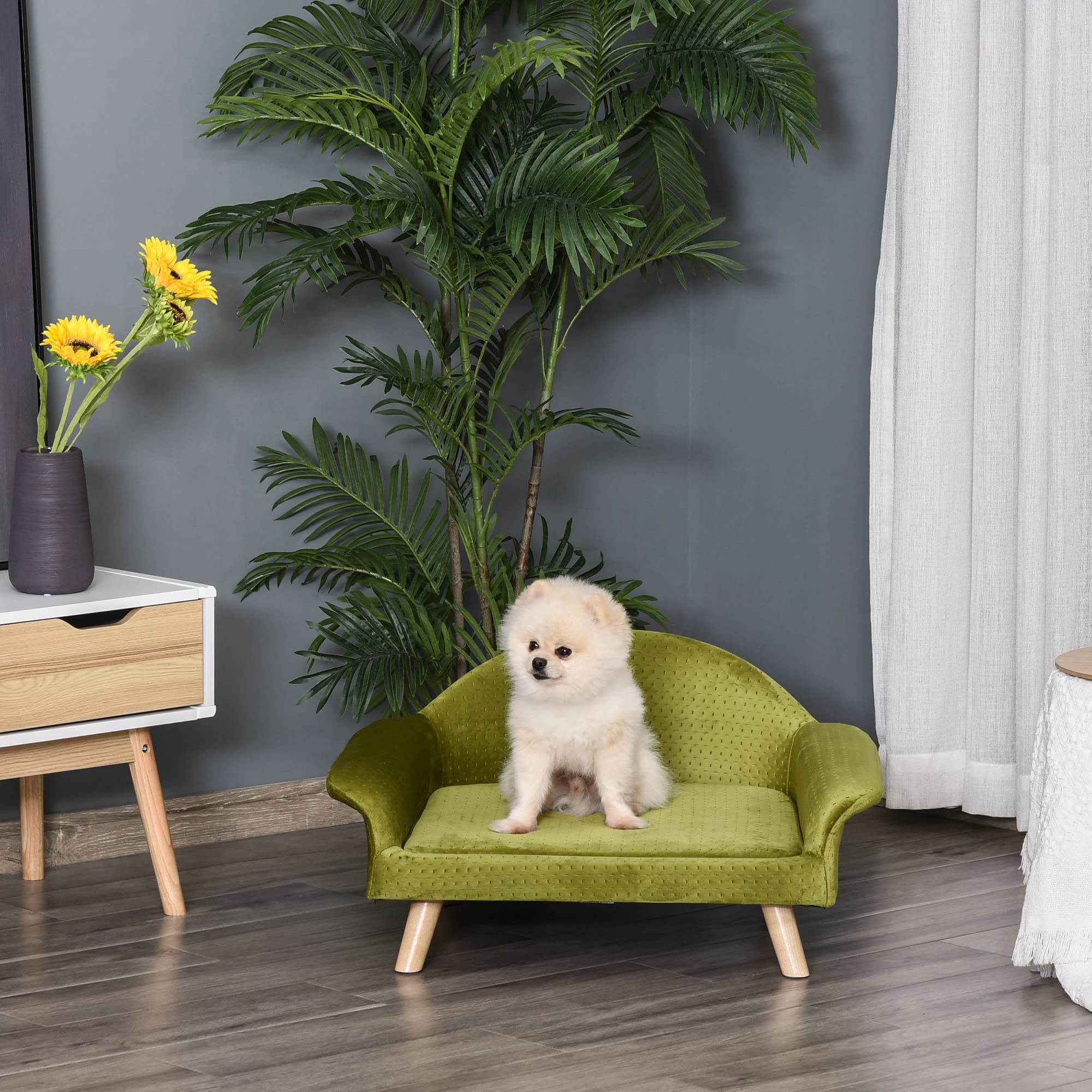 PawHut Sofá Cama para Mascotas Sofá para Perros Gatos con Cojín Acolchado Extraíble Patas de Madera 73 x 58 x 37 cm Terciopelo Latón