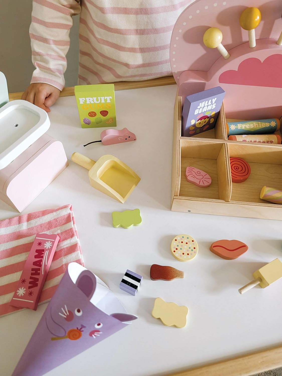 Tender Leaf Toys - Sweetie Pic’n’Mix Shop - Colorful Wood Retro-Style Candy Shop Play Set for Kids - Includes Candy, Scoop, Scale, and Bag - Encourages Imaginative Play and Social Skills - Age 3+ - Image 3