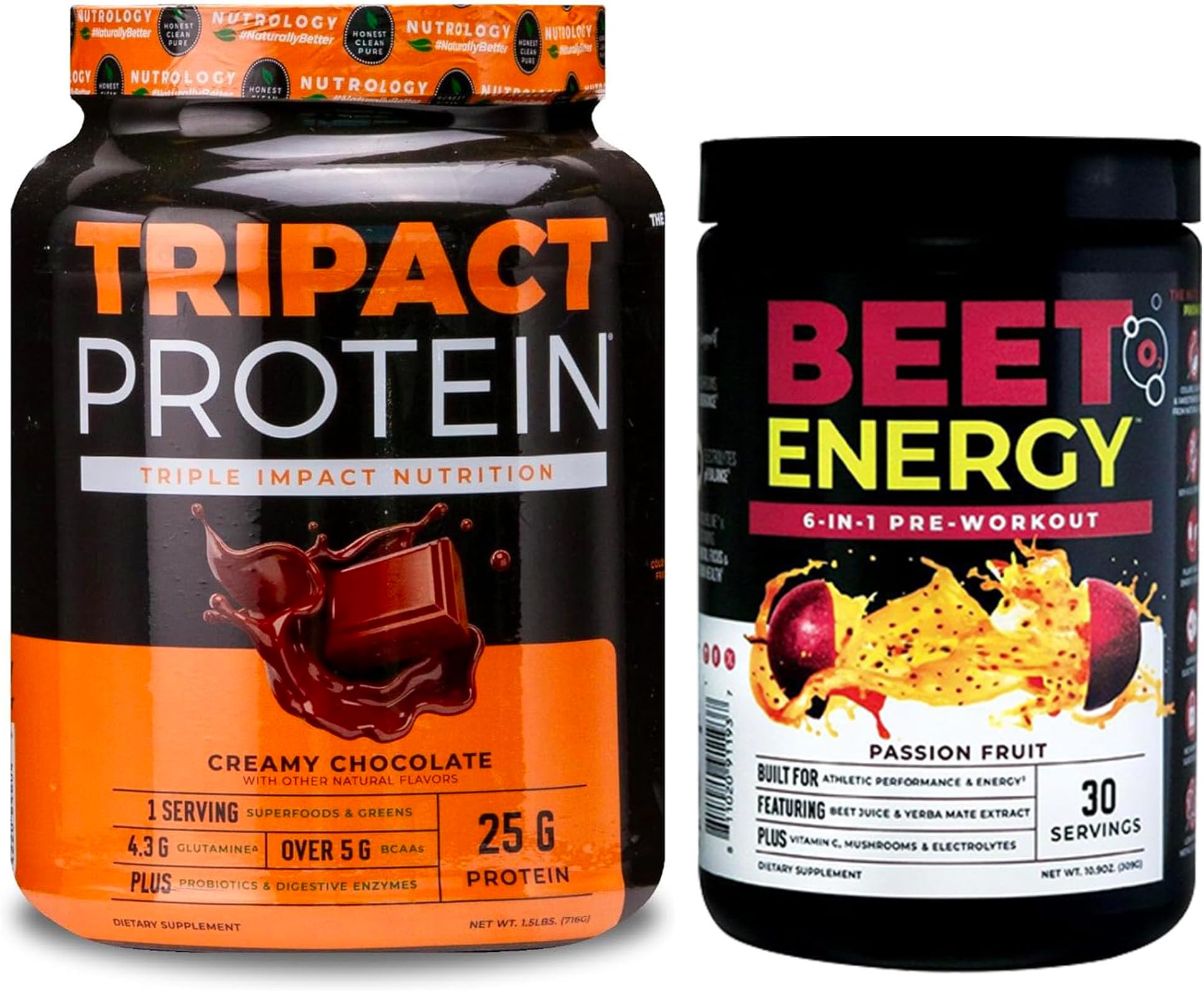 Nutrology Pre Workout Bundle - Tripact Protein & Beet Natural O2, Non-GMO Grass Fed Whey, Premium Nutrition Shake, Probiotic, Nitric Oxide Booster, Gluten Free