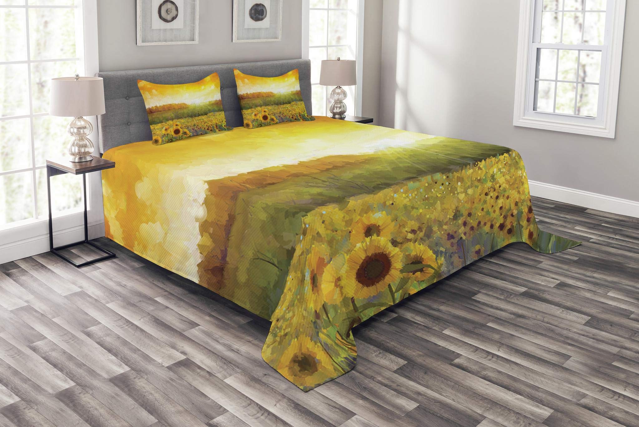 AmbesonneSunflower Bedspread, Landscape with a Golden Yellow Sunflower Field and Distant Hill Sunset Colors, Decorative Quilted 3 Piece Coverlet Set with 2 Pillow Shams, Queen Size, Orange Yellow