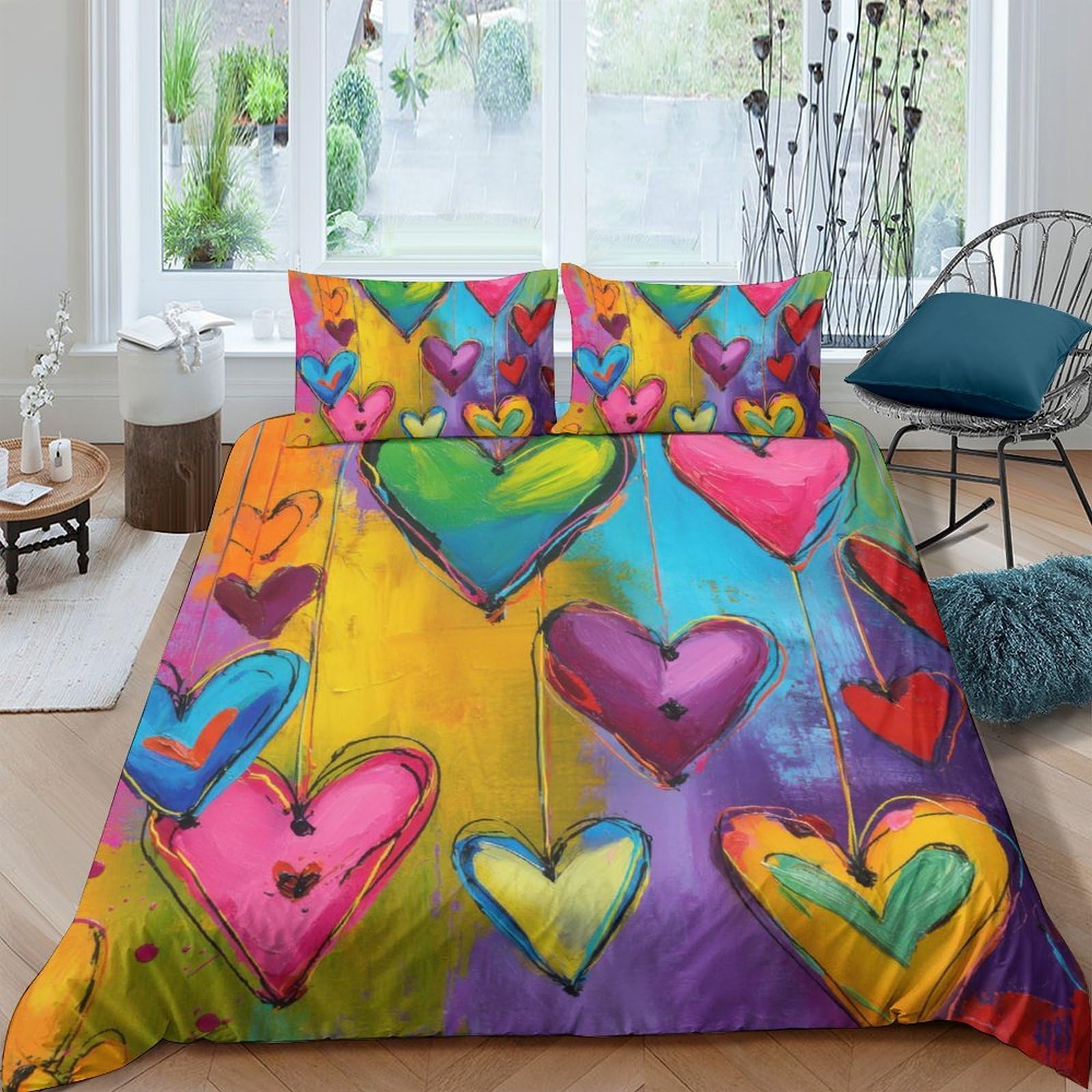 Ctjqhvkz Style-9 3D Printed Colorful Heart Fitted Sheet Microfiber Bedroom Decor Rainbow Love Bed Cover For Mattress Protection Single（135X200cm）