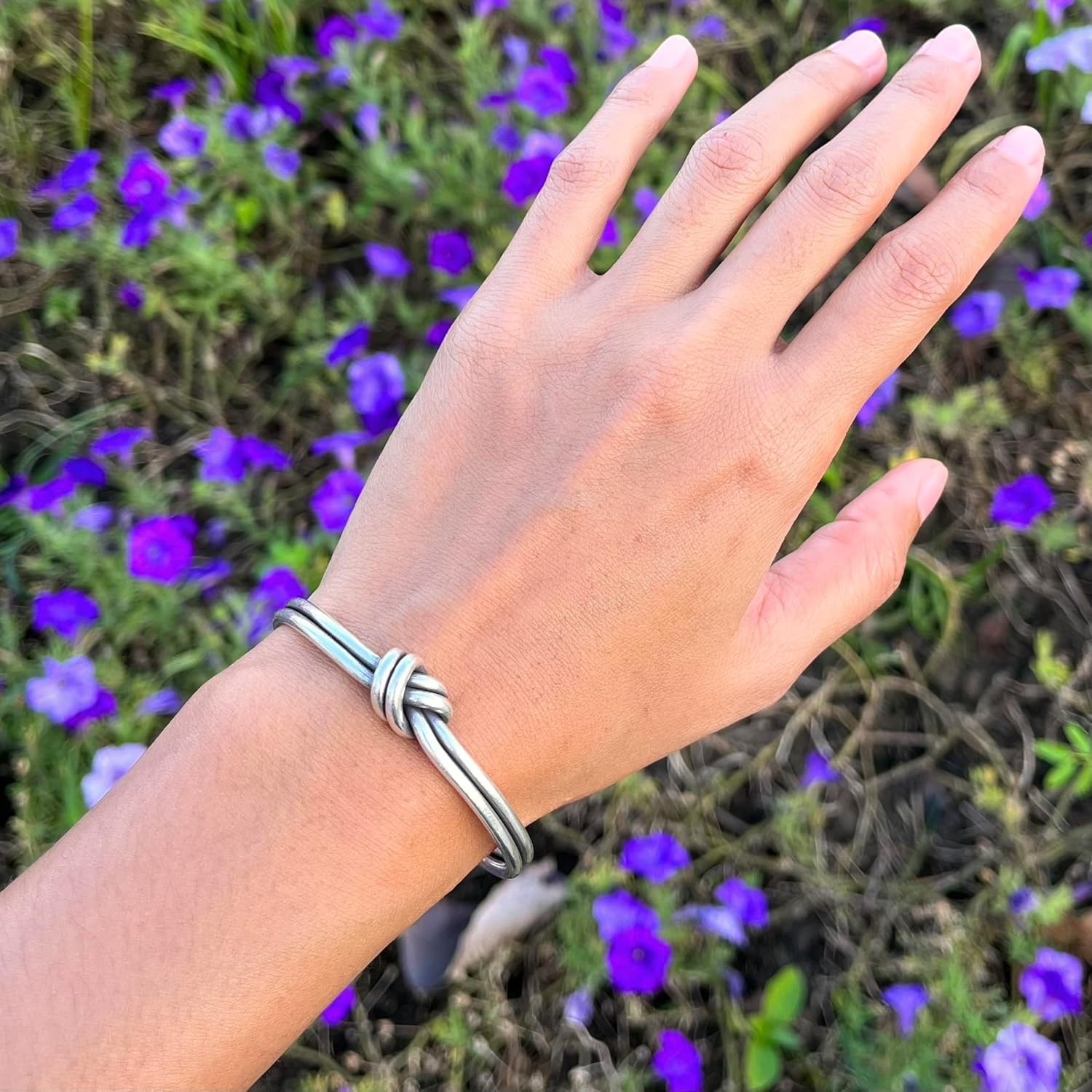 Handmade Sterling Silver Knot Cuff Bracelet, Minimalist Rustic Simple Tied Silver Wires, Adjustable 6 7/8 inches Cuff, Women size M-L, Men size S-M, Gift for Her or Him - Image 8