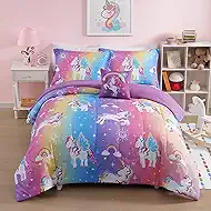 Wink Deer Full Size Comforter Set for Girls-4 Pieces Rainbow Unicorn Full Bedding Sets for Kids, 1 Comforter, 2 Shams and 1 Decor Pillow