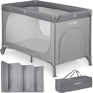 Ricokids Reisebett Baby Mit Matratze 125 x 65 x 78 cm Kinderreisebett Babybett Bis 15 kg 2 Räder Mit Bremsen Abnehmbarer Seiteneingang Transporttasche Faltbar Kompakt Hellgrau Minze