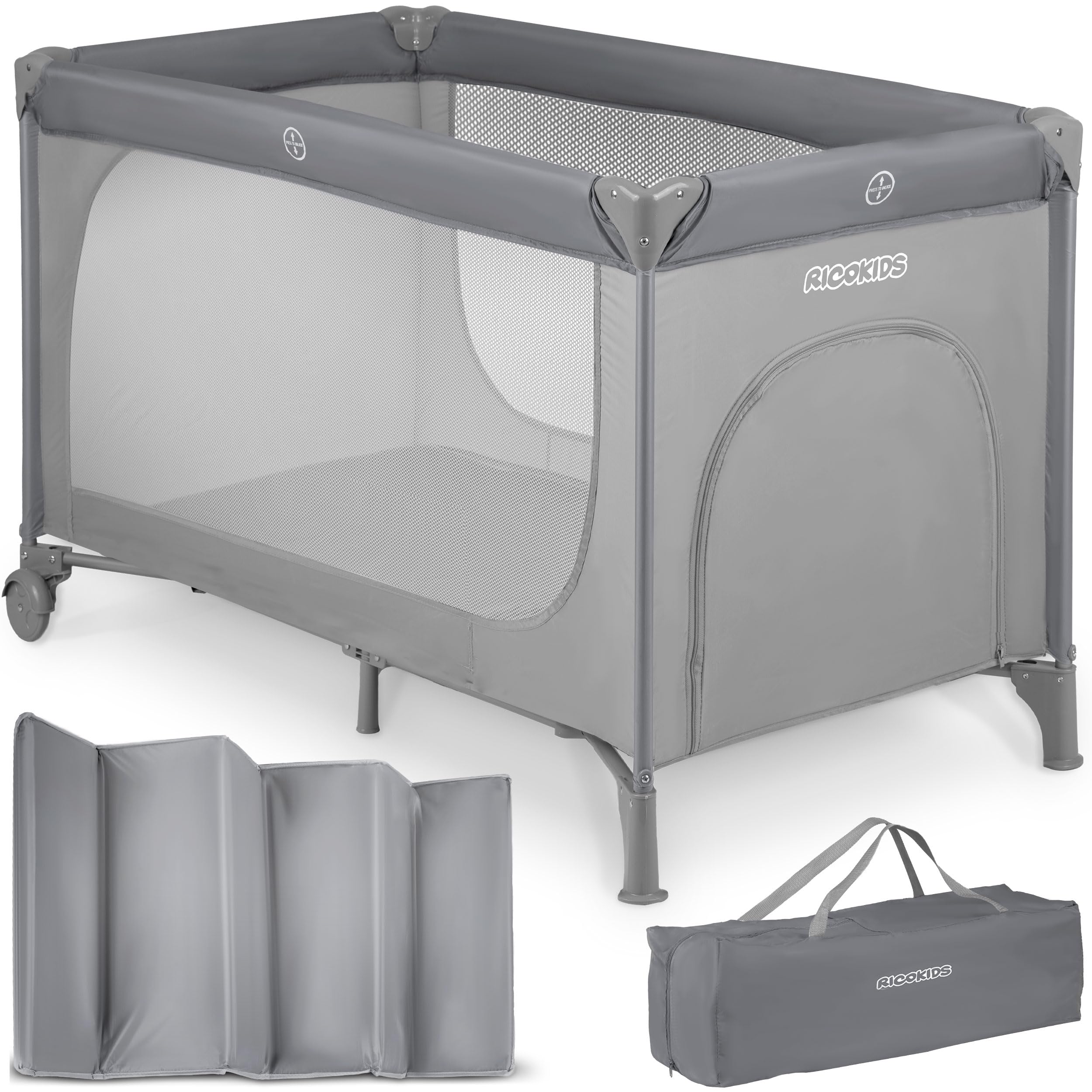 Lit de voyage pour enfant stable et anti-basculement jusqu'à 15 kg avec matelas Ricokids