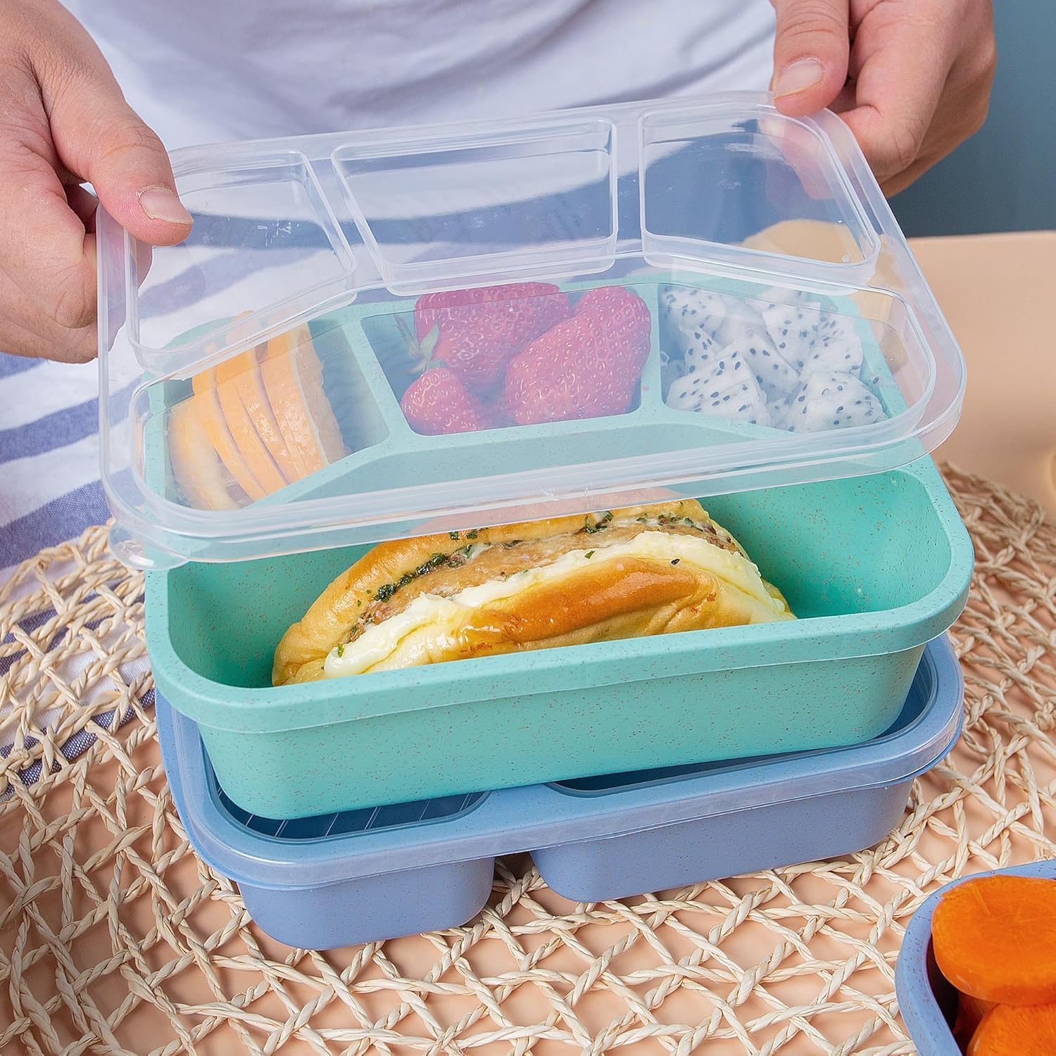 Bento Box z 4 przegródkami, bezpieczny pojemnik na żywność dla dzieci, dorosłych, idealny do szkoły, pracy, podróży (biały, różowy, niebieski, zielony)