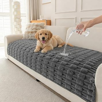 MEETSKY 100% Waterproof Couch Covers for Pets, Non Slip Washable Couch Cover for 2 Cushion Sofa Dogs Friendly, Soft Plush Non Slip Couch Covers for Sectional Sofa,Dark Grey, 35"x 63"