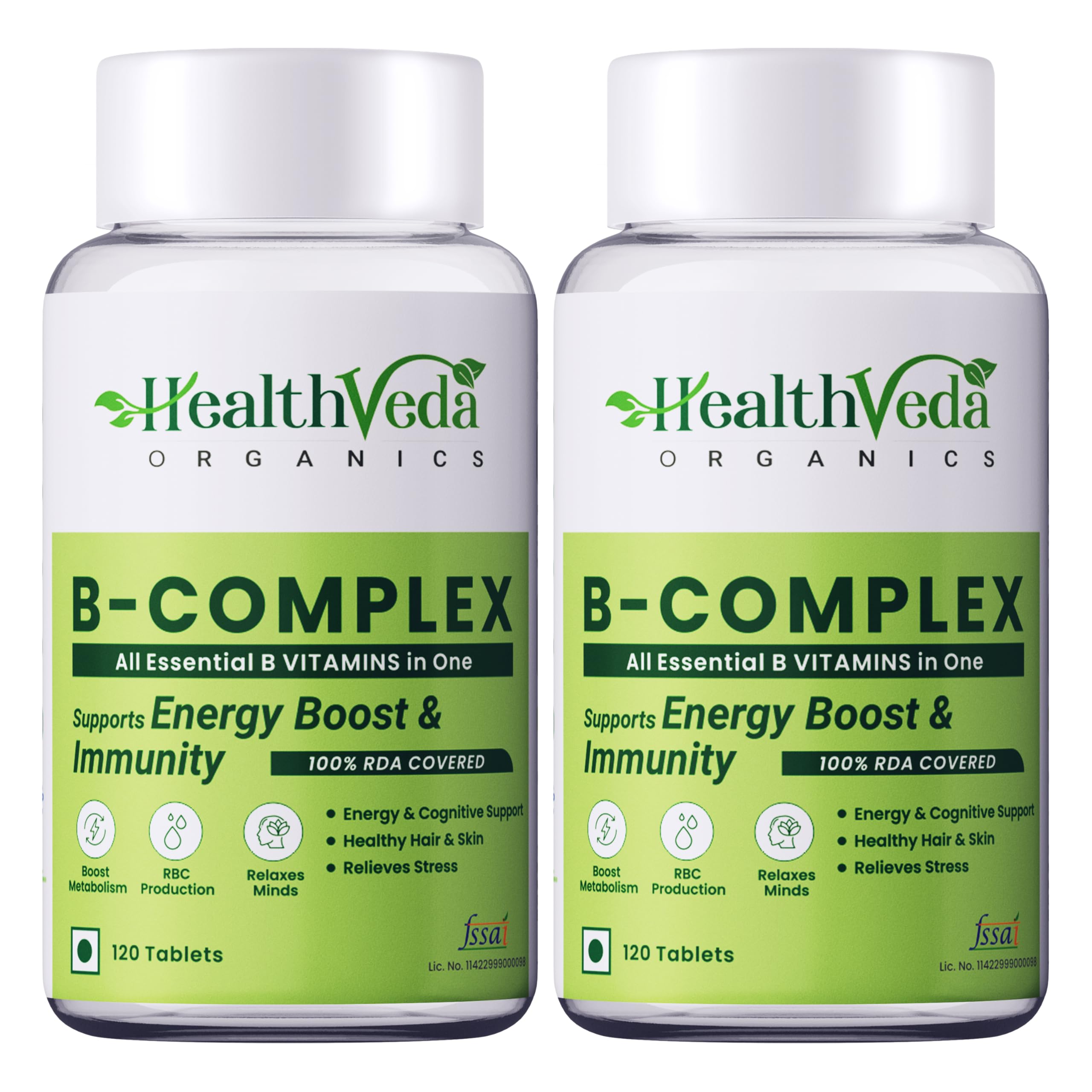 Health Veda Organics B-Complex Vitamins | 100% RDA B1–B12 | 120 Veg Tablets (Pack of 2) for Men & Women | Boosts Energy & Metabolism