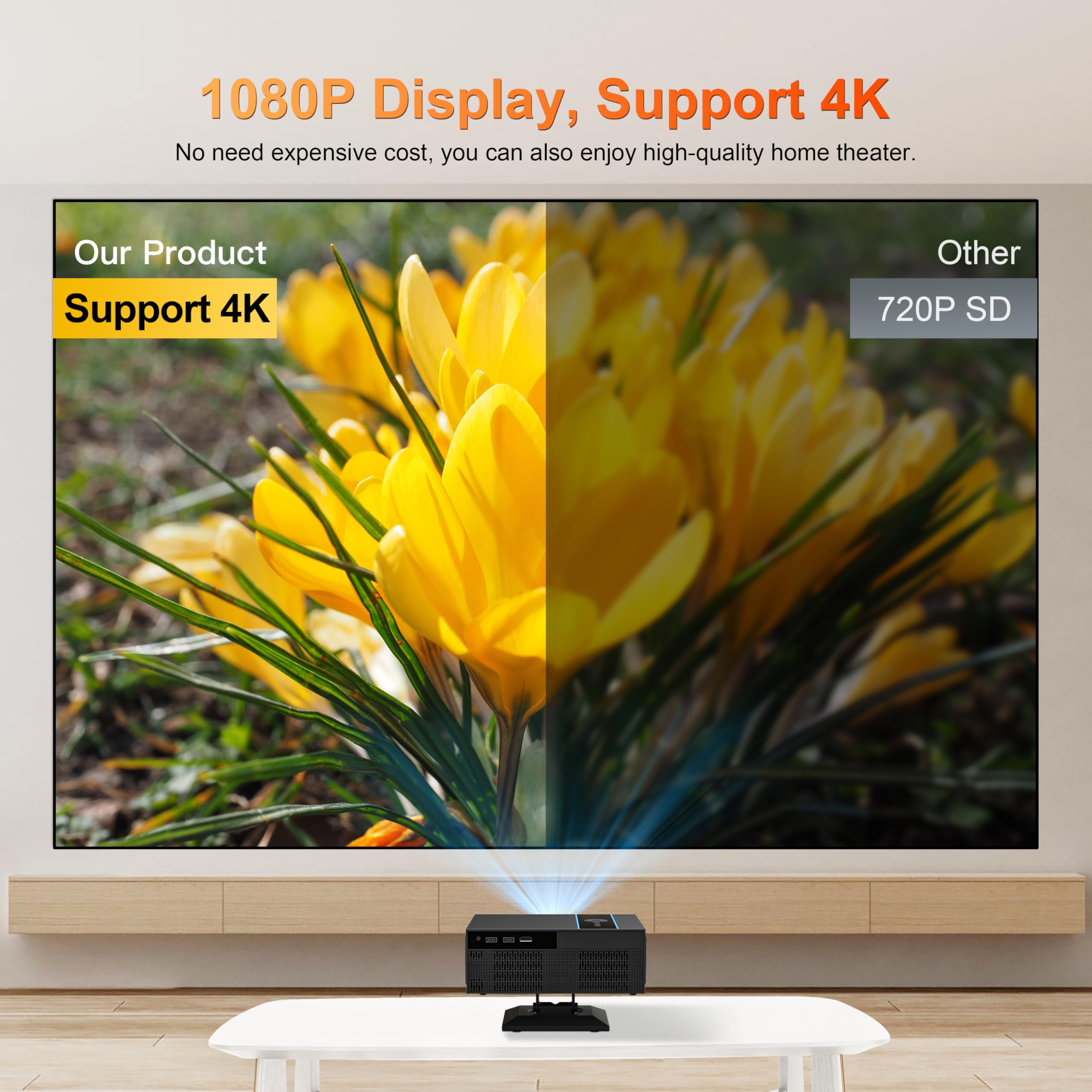 Automatyczne ustawianie ostrości: inteligentny projektor z WiFi i Bluetooth, zoomem i keystone, przenośny projektor filmowy 1080p z regulowaną podstawką 360°, obsługa 4K do kina domowego, sypialni