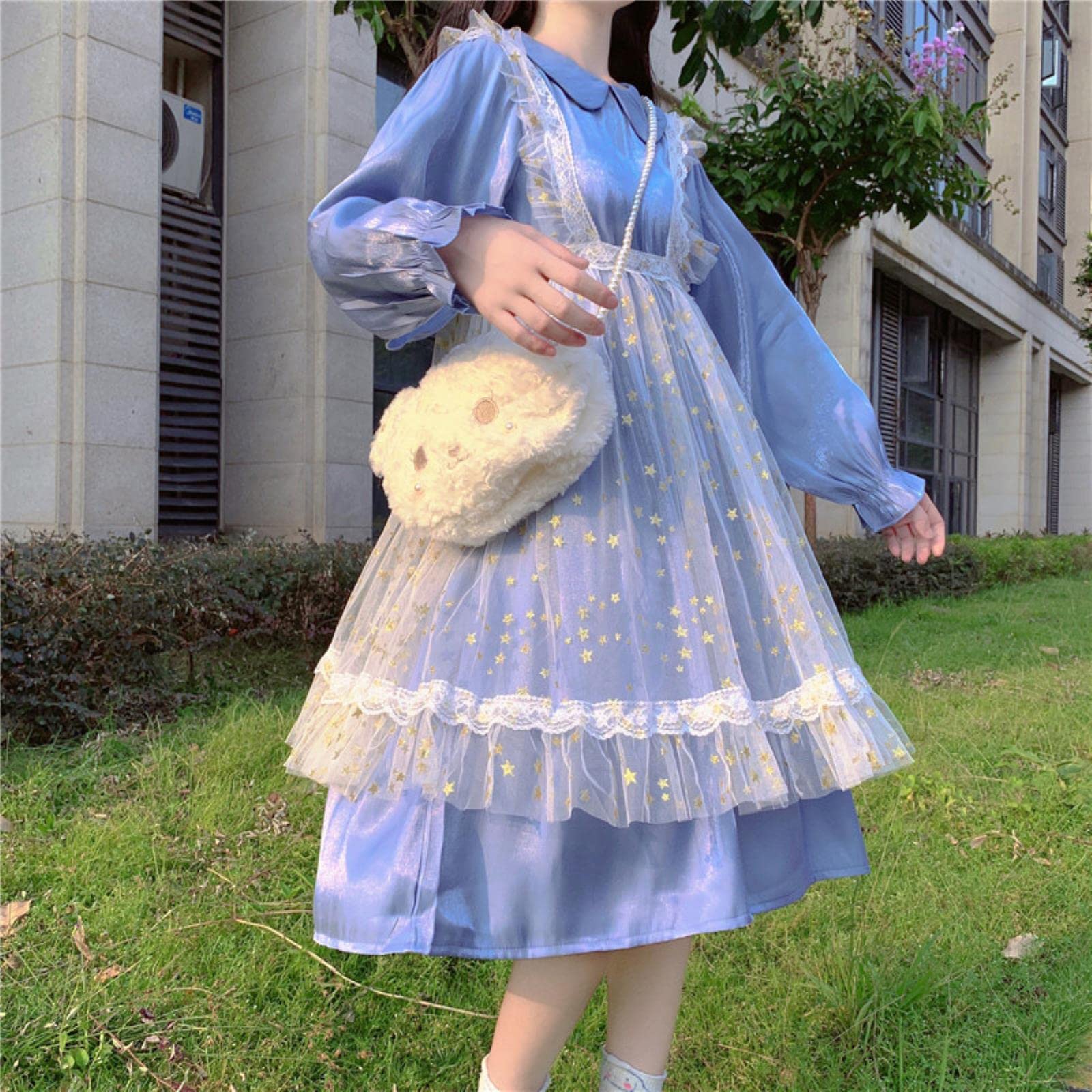 kawaii blue dress Sweet Elegant Lolita Women Everyday Clothing Autumn 2 Pieces Set Cute Sweet Girls Blue Big Swing Dresses-Blue Dress, One Size Simple Blue Satin Long like style. Color:Other Colors(Leaving a note) Royal Blue Quinceañera Dress