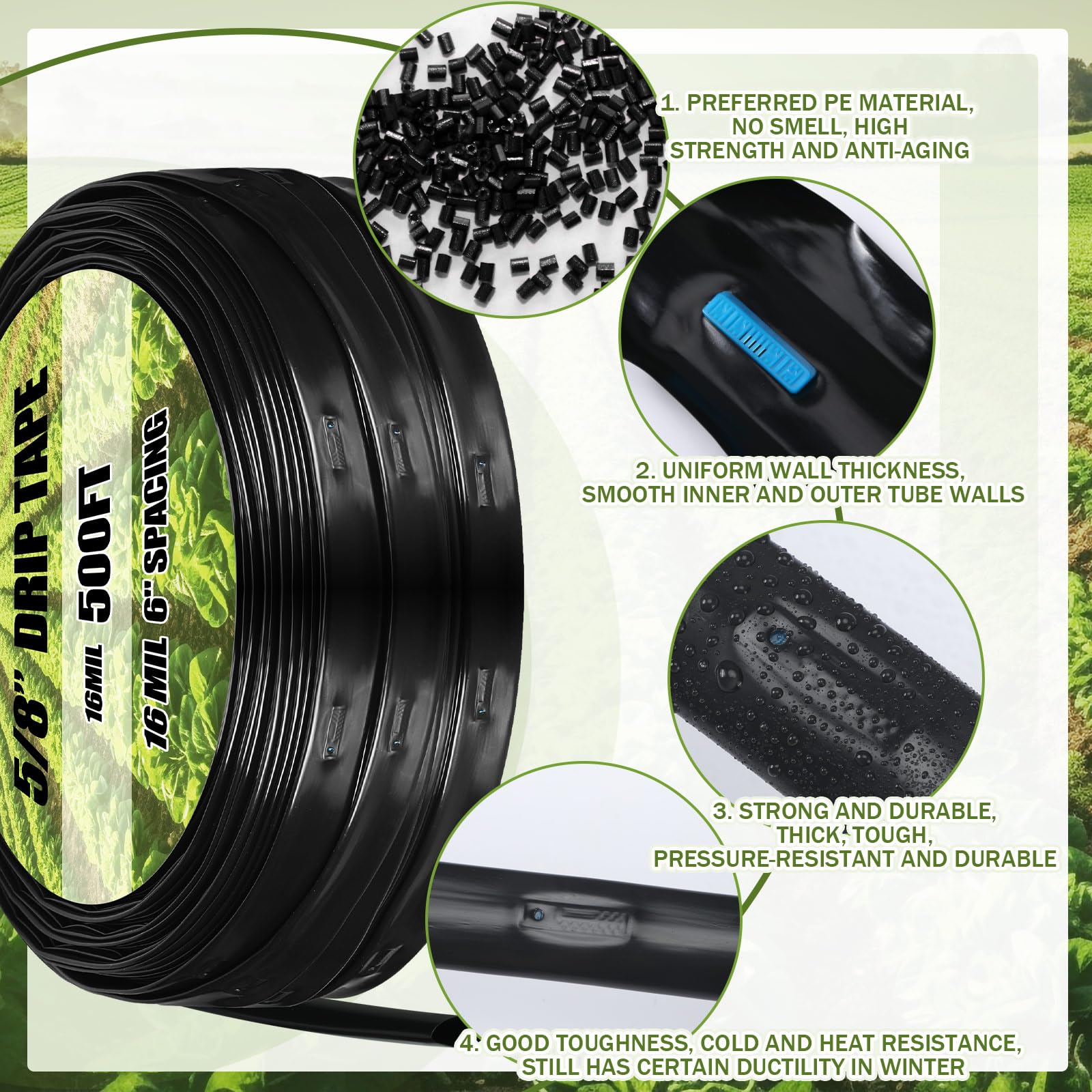 Tondiamo Kit de riego de cinta de goteo de 500 pies y 5/8 pulgadas, kit de tubos de riego por goteo de 16 mil 6 pulgadas, manguera espaciadora de jardín, sistema de riego automático, equipo de riego