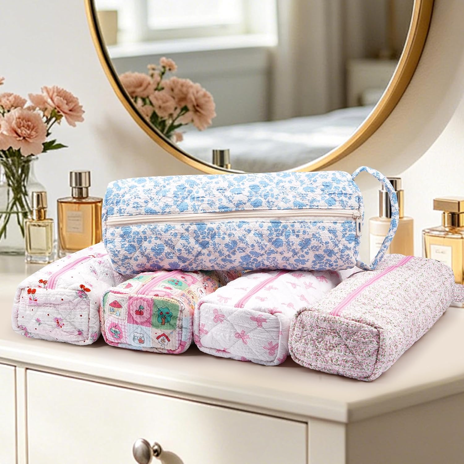 Hair Tool Organizer Travel Bag for Curling Irons & Dryers (Blue Flower) | Quilted polyester, padded interior, wide opening, lightweight. Fits curling irons, hair dryers & accessories.