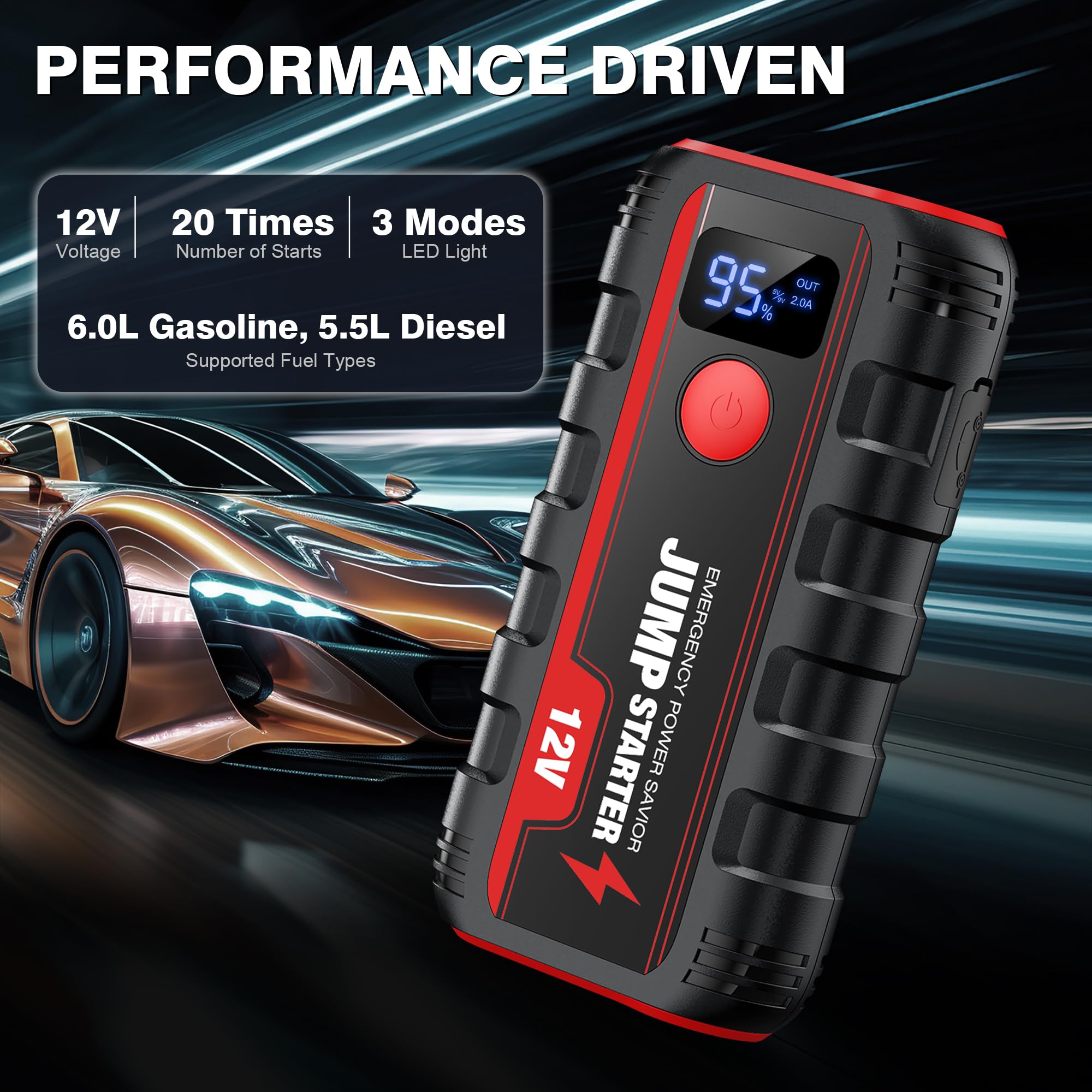 Booster Avviamento Auto Avviatore Batteria - Portatile Moto Emergenza Jump Starter Buster Professionale avviatore Motori 12 V 2000A 13200Mah Adatto per Benzina da 6L e Diesel 5L