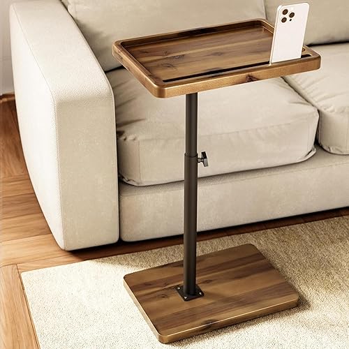 HOLANA Mesa auxiliar ajustable en forma de C de madera de acacia Mesa auxiliar giratoria de 360 para sofá Mesa auxiliar pequeña para iPad, laptop