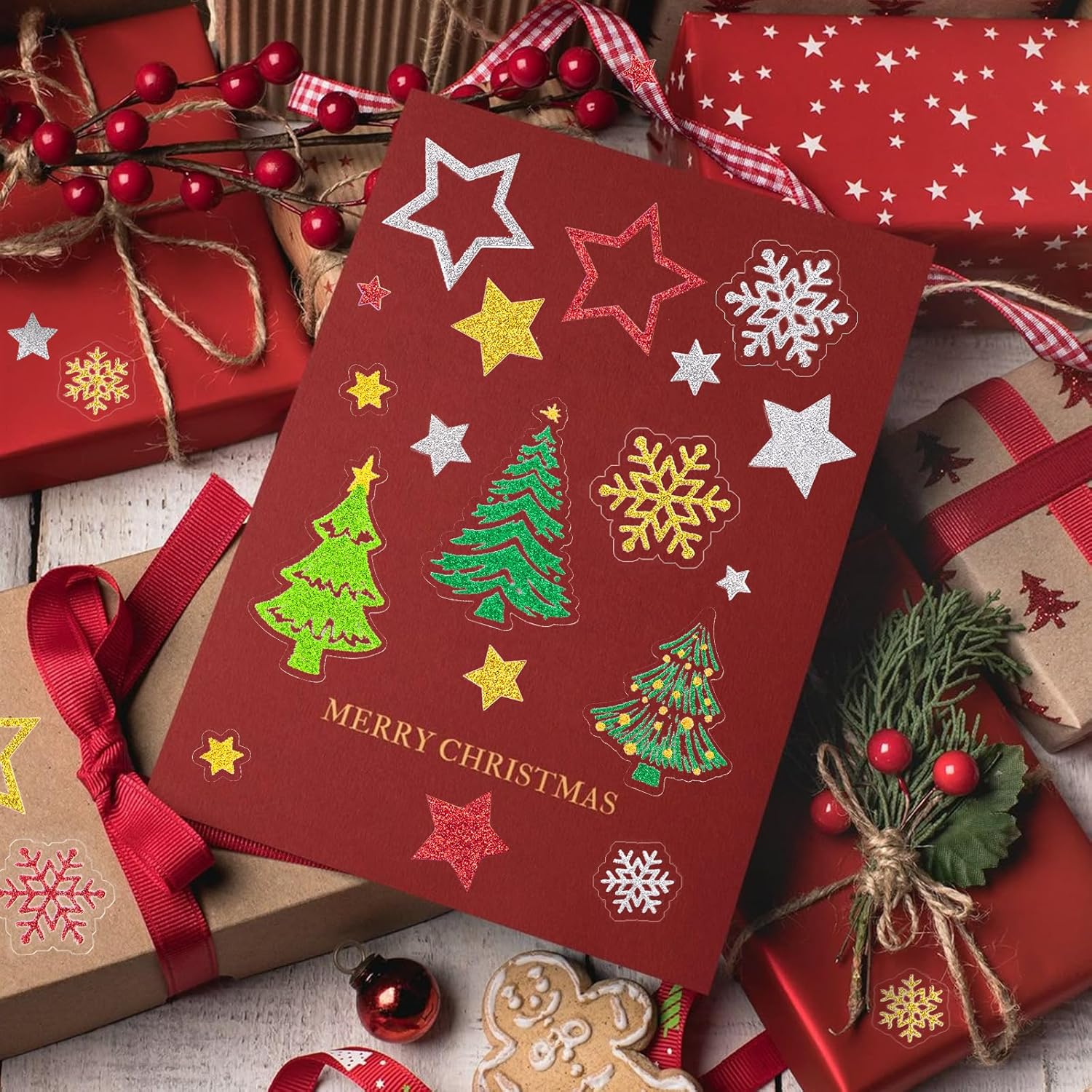 6sheets Glitter Christmas Stickers for Crafts Scrapbook Small Christmas Tree Transparent Sparkle Snowflake Star Holiday Stickers for Art Project (Gold Silver Red Green) - Image 4