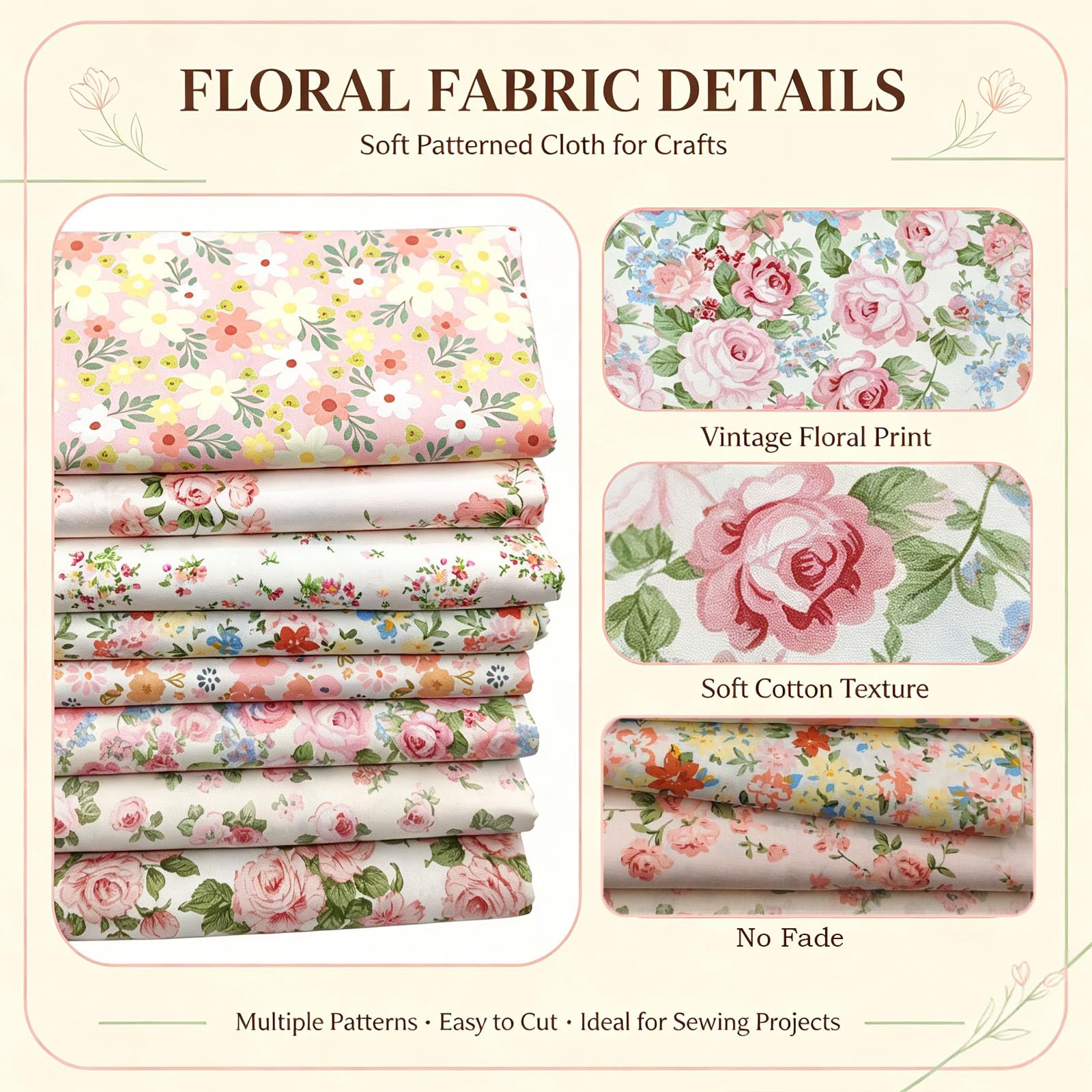 Tessuto di cotone con motivo floreale, 2 m x 160 cm, al metro, per cucito