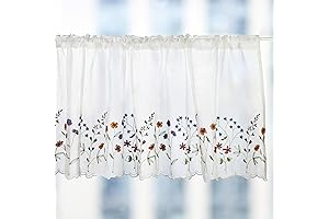 Floral Cafe Curtains 60x18 for Kitchen, White Sheer Floral Valance Window Treatment