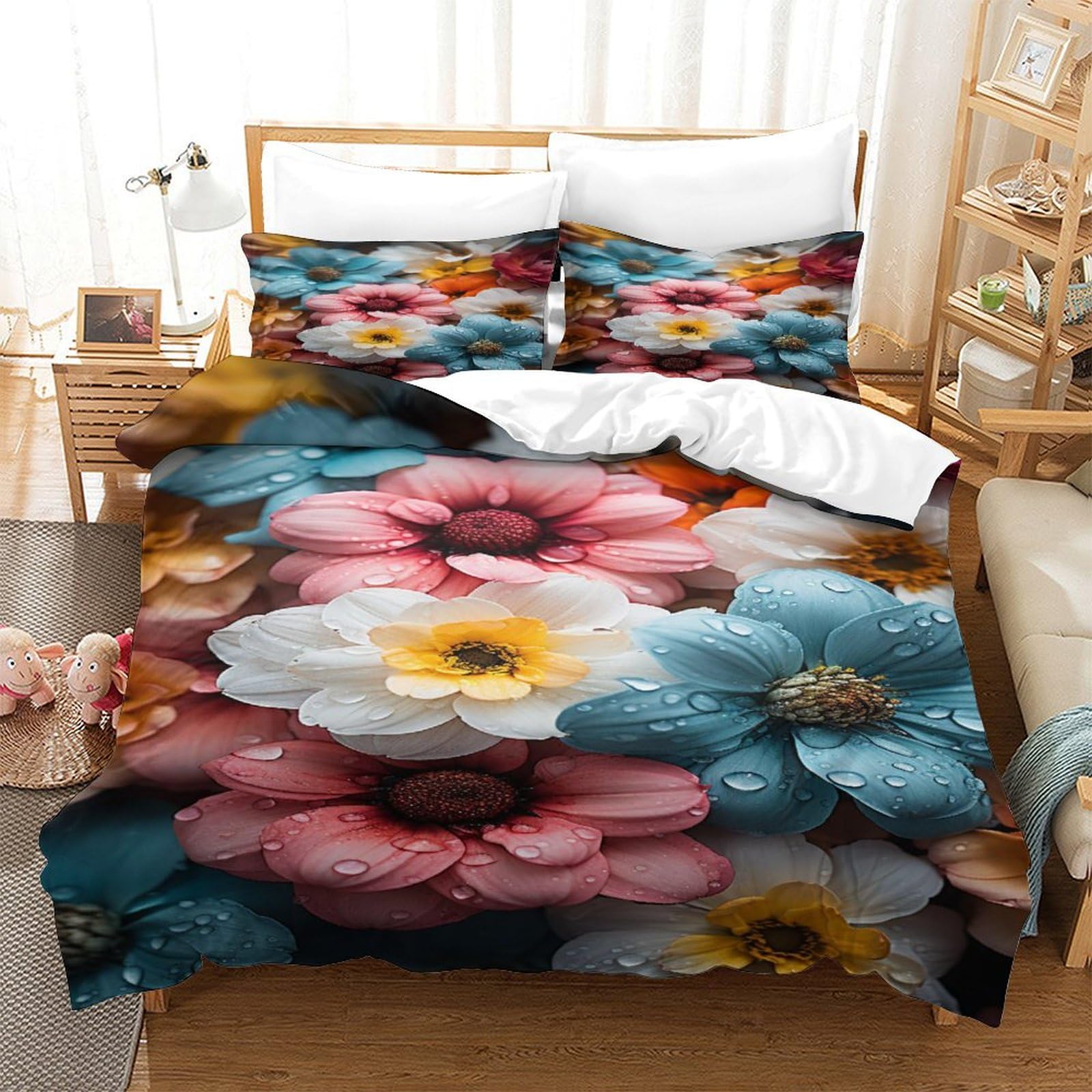 Parure de lit 260x220 cm avec housse de couette fleurs colorées