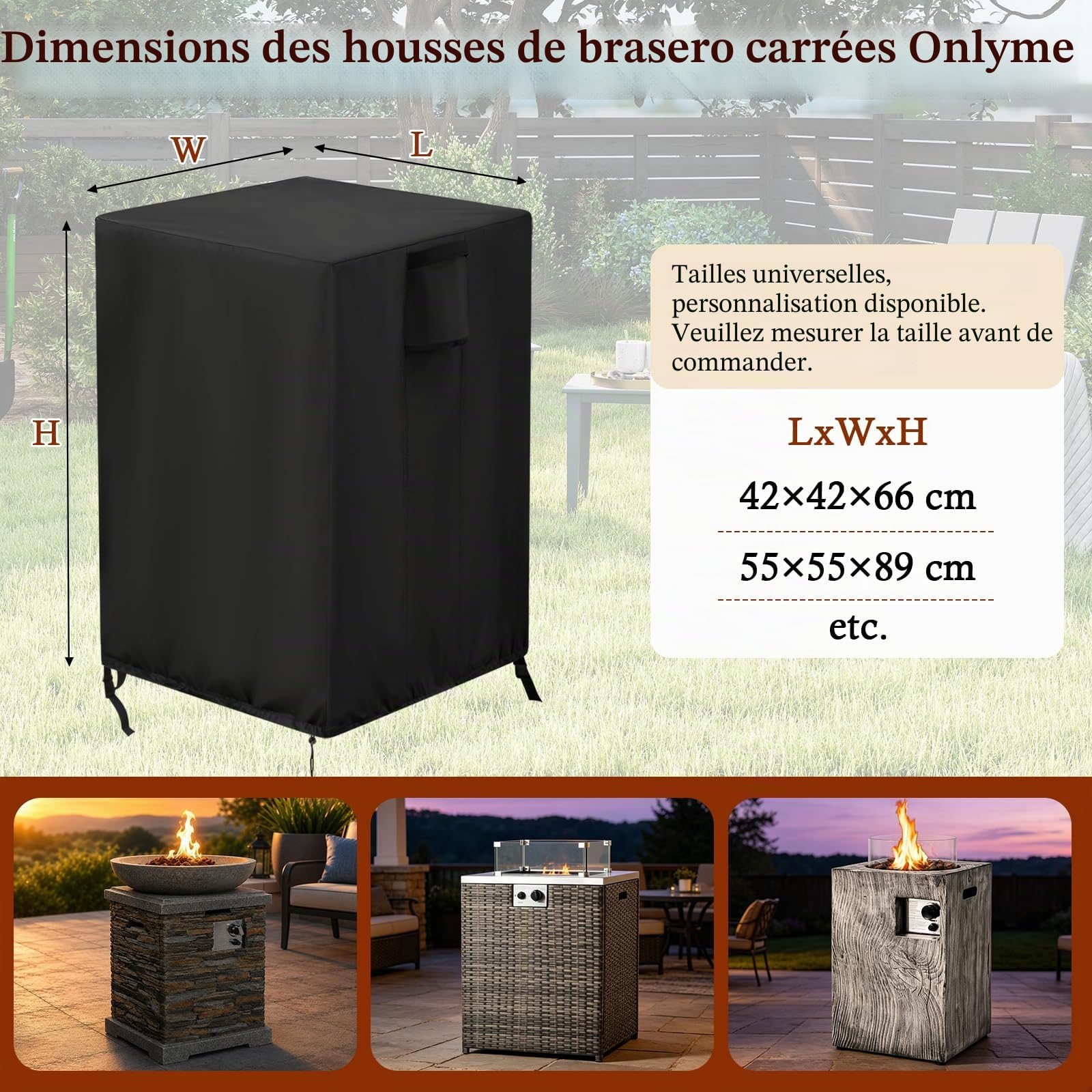 Onlyme – Housse de foyer carrée en tissu Oxford 420D au propane imperméable avec cordon de serrage pour foyer à gaz et brasero – 55 x 55 x 89 cm