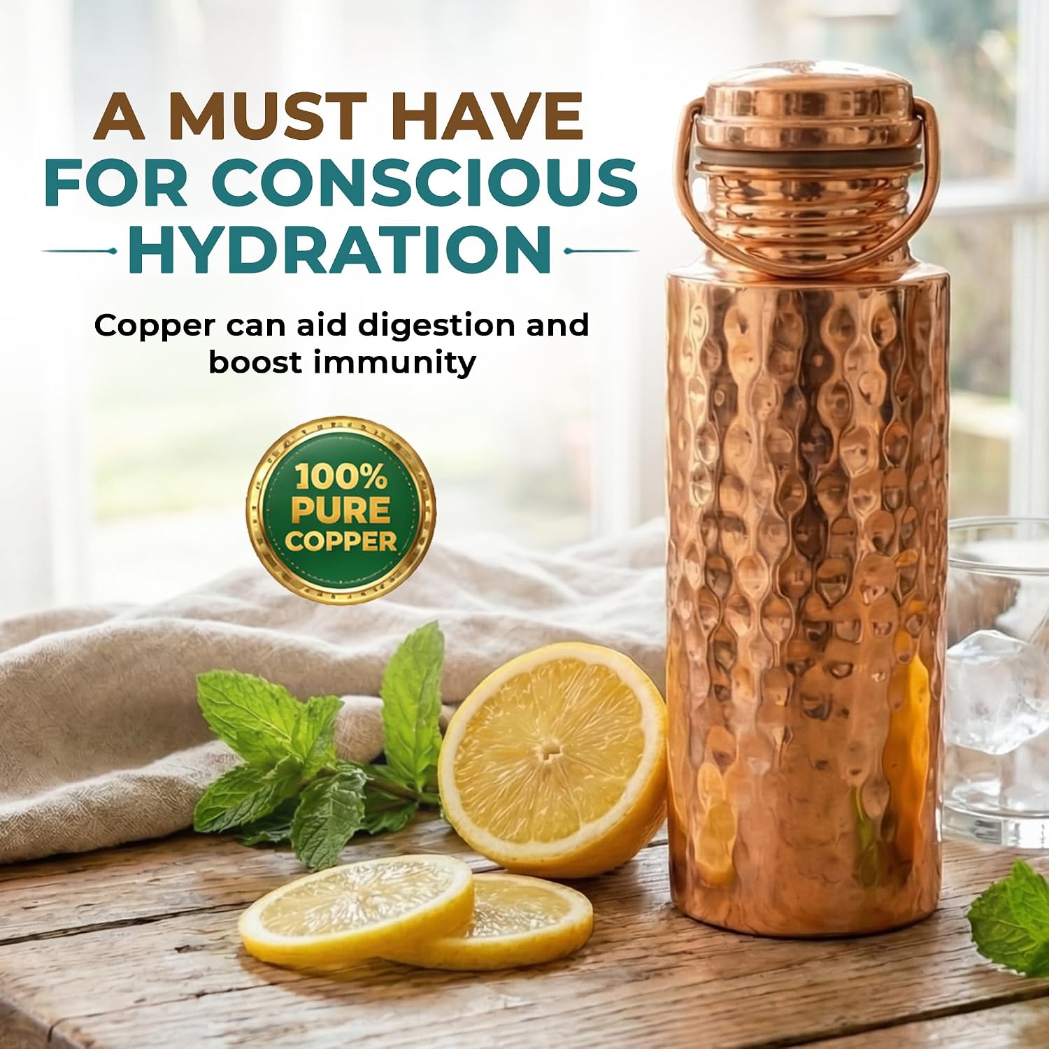 Hammered Copper Water Bottle (20Oz) 100% Pure Copper for Drinking, Screw Lid, Reusable Eco Friendly