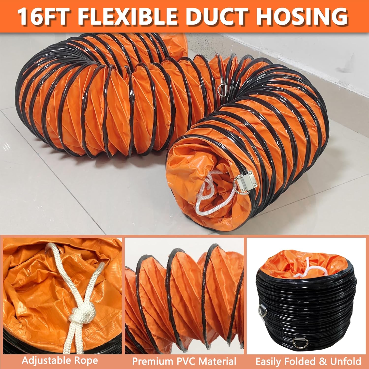 16FT Ducting Hose 12 Inch PVC Flexible Duct Hosing with Adjustable Rope for Utility Blower Exhaust Fan
