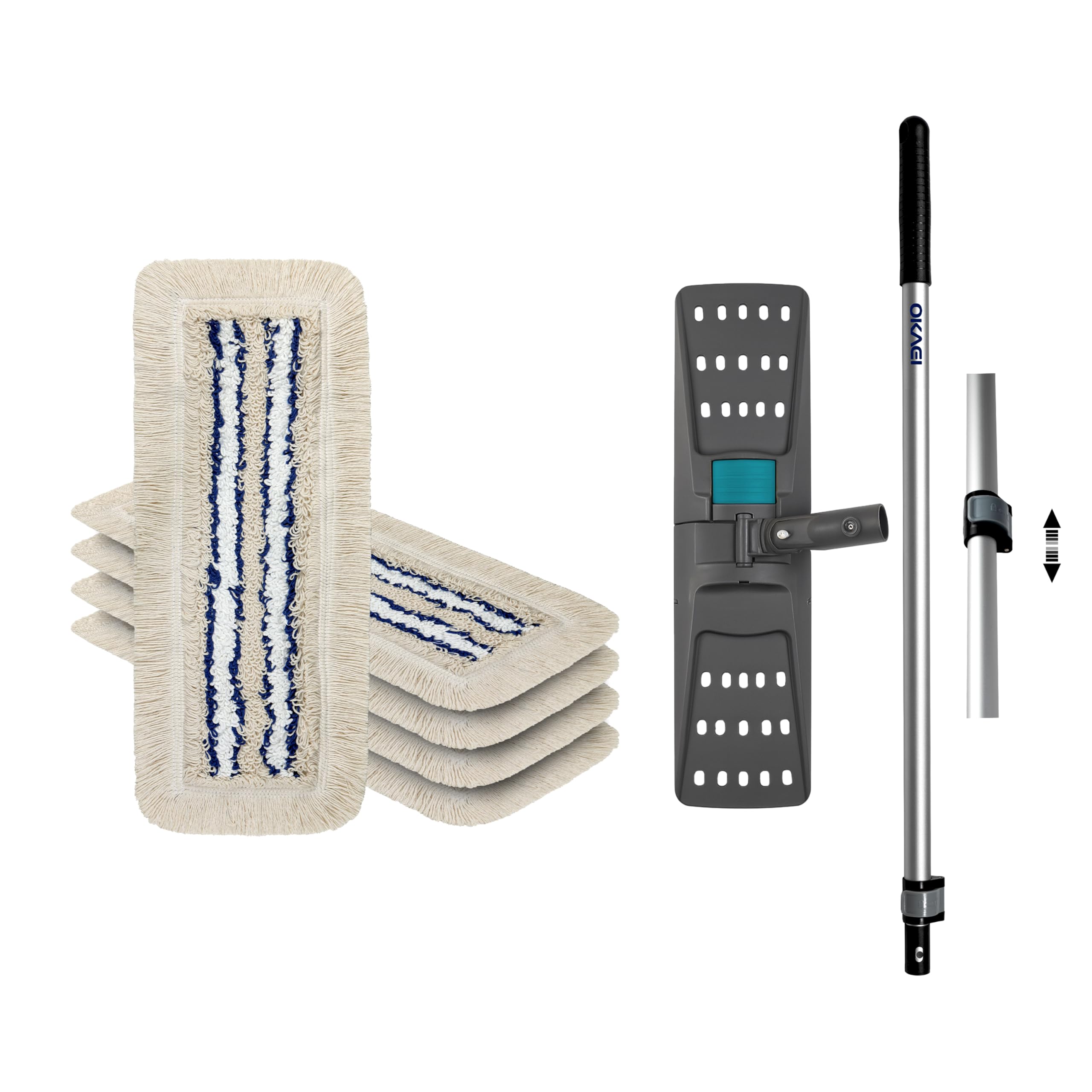 OKAEI Wischmop-Komplettset 50 cm – 5× Bezug Blau‑Weiß‑Beige + Klapphalter & Alu‑Teleskopstiel – Für Trocken‑ & Nassreinigung – Ideal für Haushalt & Gewerbe