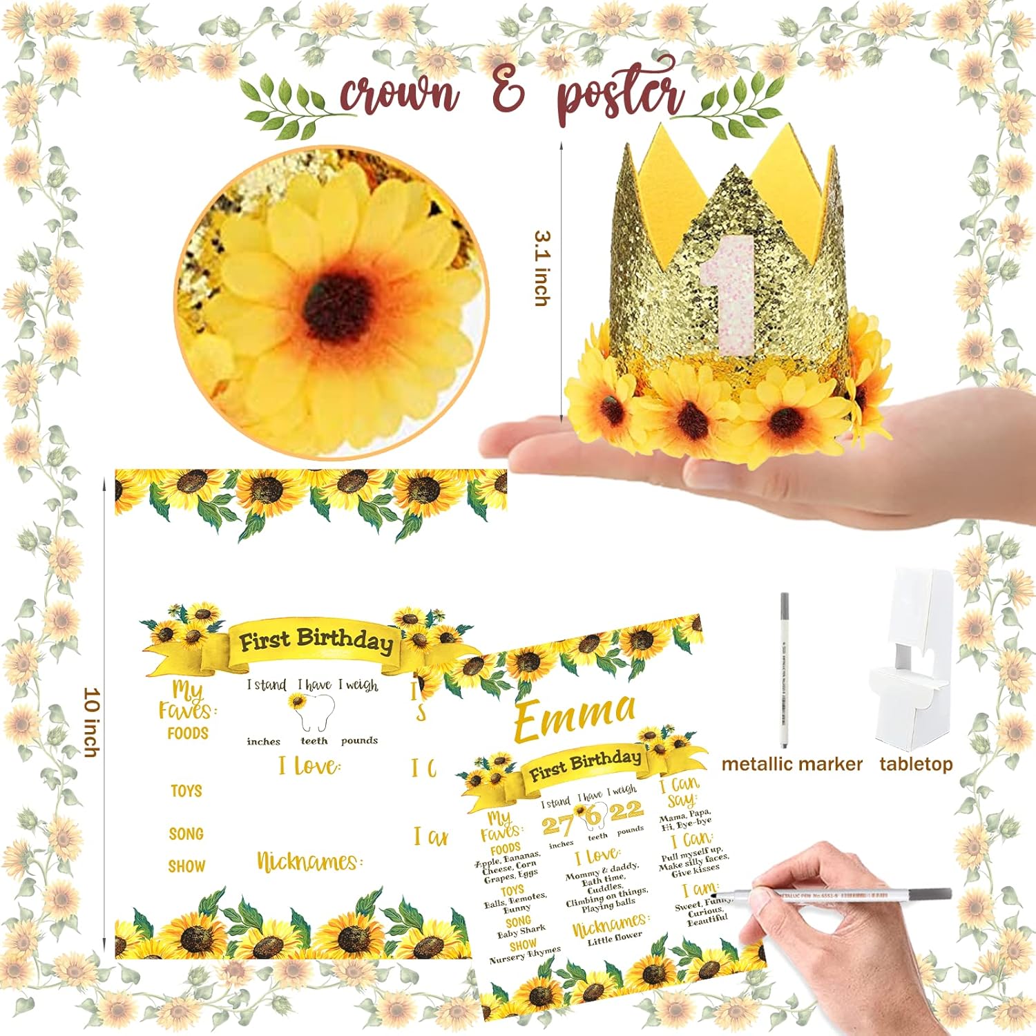 Sunflower First Party Decorations, 132 PCs Sunflower 1st Birthday Decorations Backdrop Balloon Garland Monthly Photo Highchair Banner Cake Cupcake Topper Box Cutout Crown Poster Headband