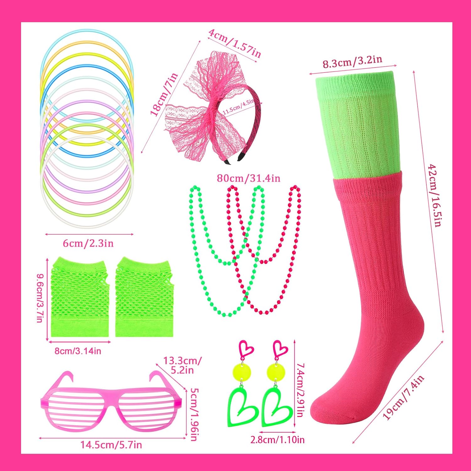 80s Accessories for Women, Fanny Pack Neon Jewelry Fishnet Gloves Neon Socks Lace Headband Glasses for 80s Theme Party - Image 3