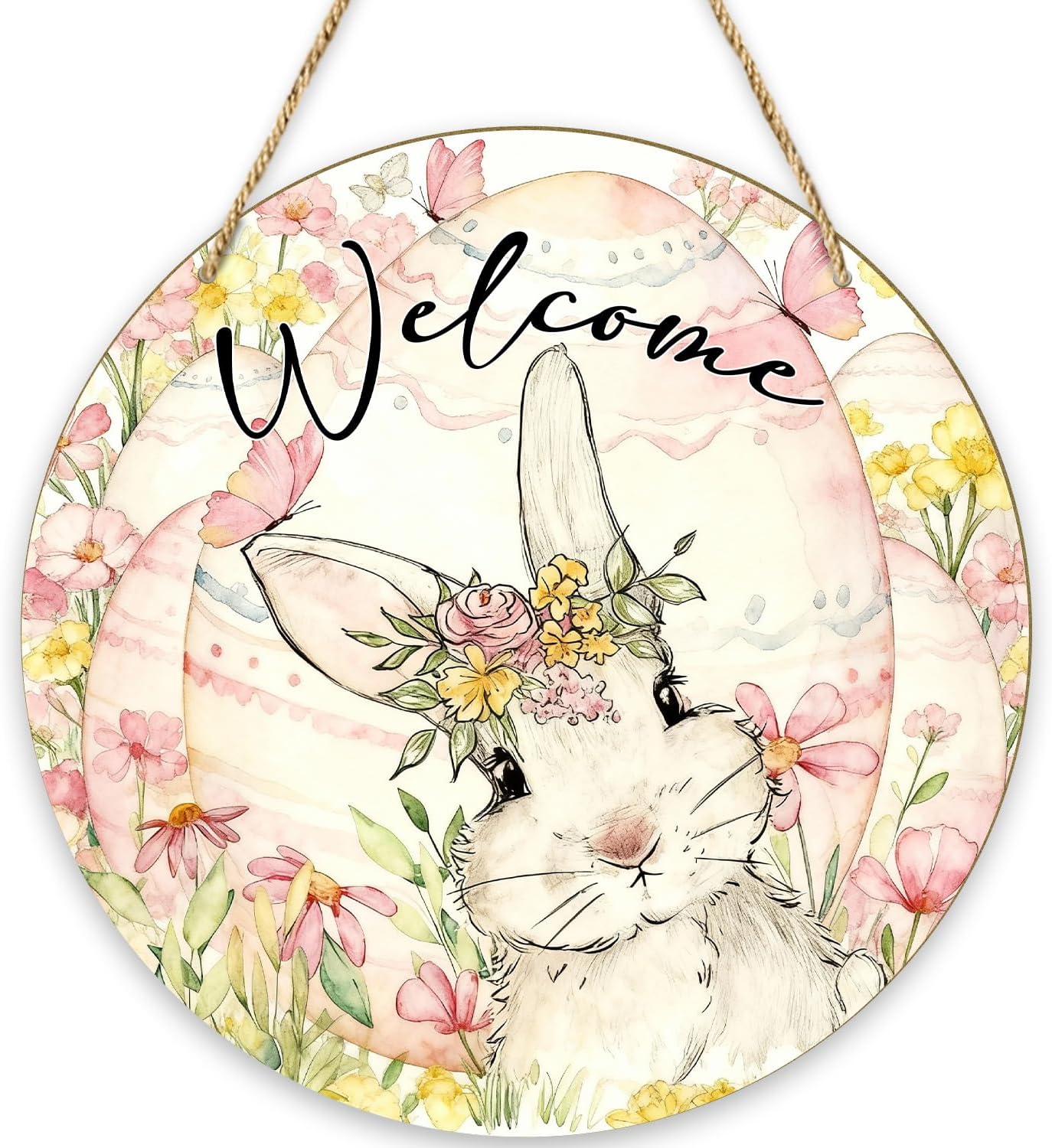 Bunny Easter Decorations for Home, Spring Welcome Sign for Front Door Porch, Happy Easter Party Decorations Farmhouse Decor Wall Wood Hanging Sign Spring Gifts Holiday Decorations /MP04